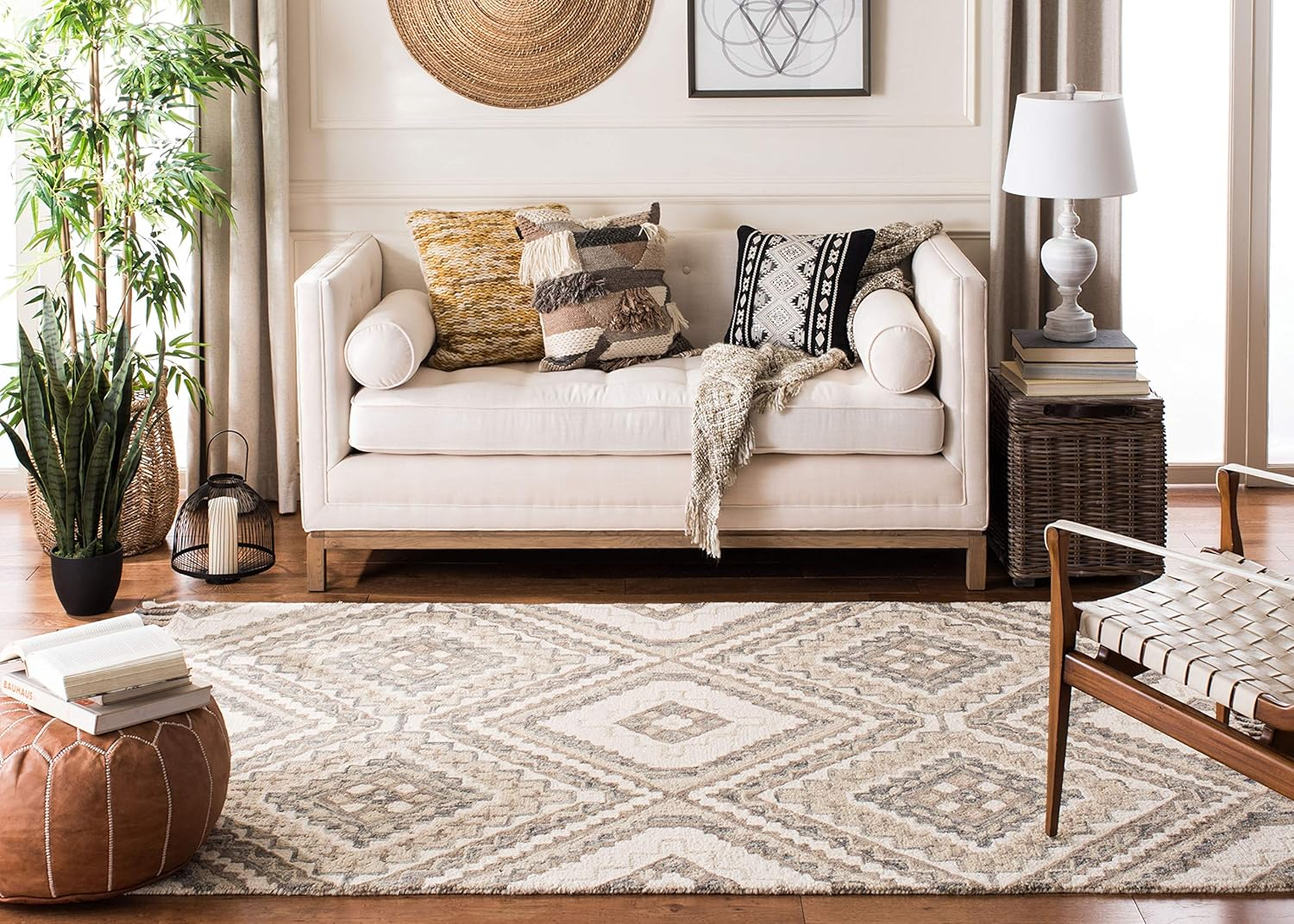 SAFAVIEH Aspen Caymen Geometric Fringe Wool Area Rug, Taupe/Ivory, 9' x 12'