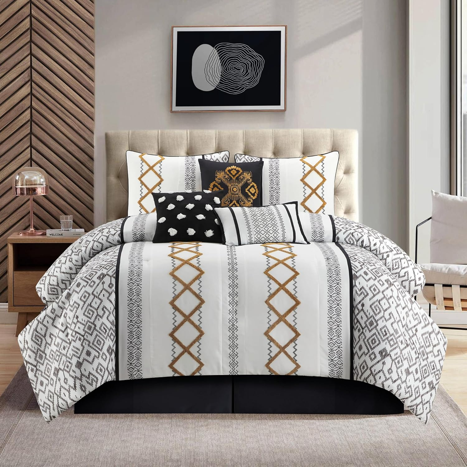 Lanco Luxury Black Gold Comforter Set California King Size , 7 Piece Terry embroidery, All Season Bedding Set