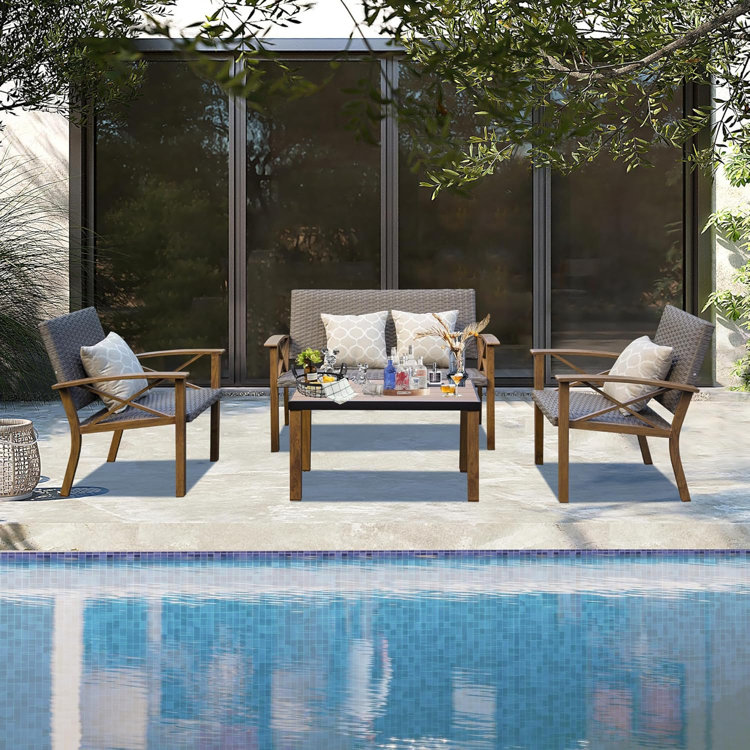 Domi Aluminum Patio Furniture Set, 4-Piece Modern Conversation Set with Cotton Padding Backrests and Seats, Outdoor Sectional Metal Sofa Set with 5.5 Inch Cushion and Coffee Table for Balcony, Garden