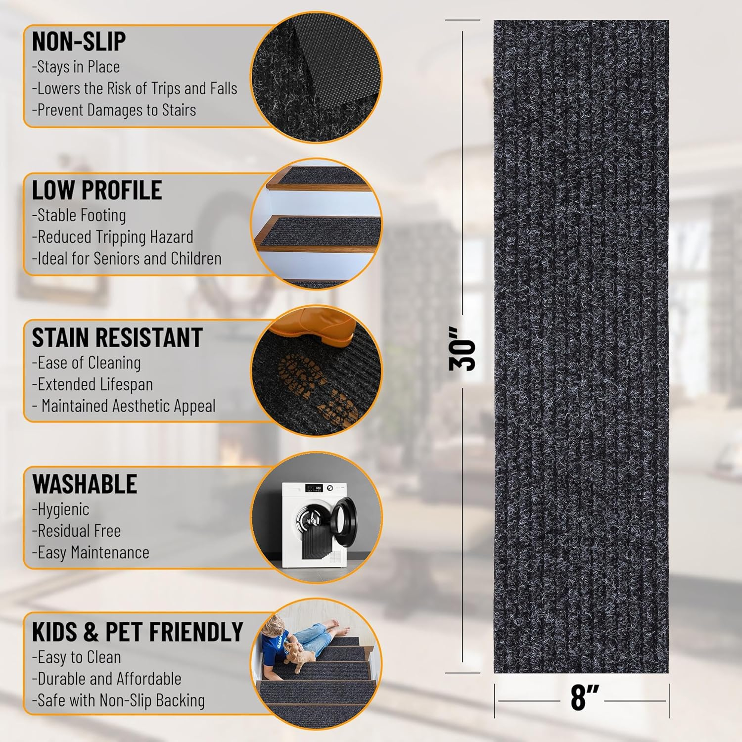 Ottomanson Non-Slip Rubberback Solid 8" x 30" Indoor/Outdoor Stair Treads for Stairs, Garage, Patio, 7 Pack, Black