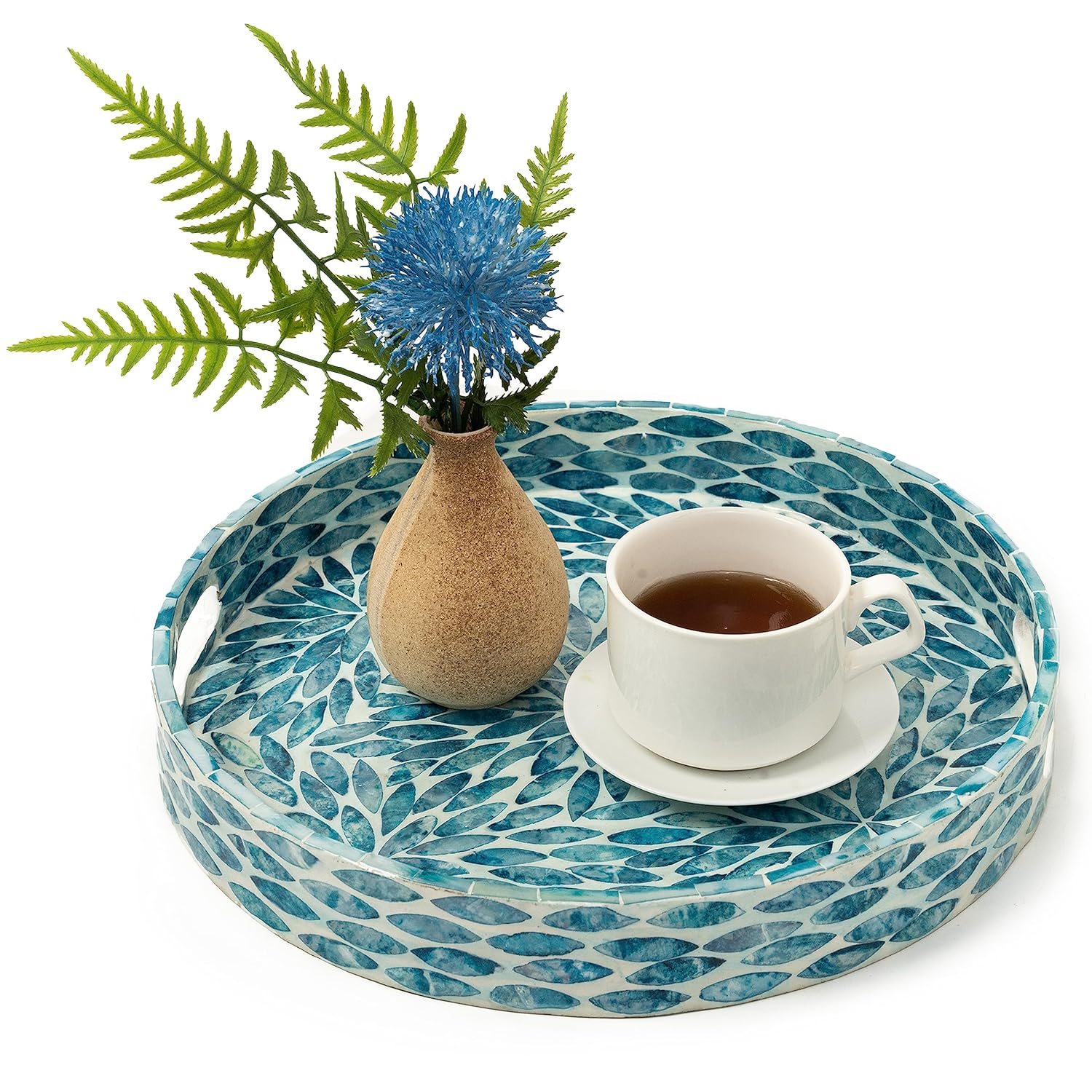 CLAYNIX Serving Tray 12.5 Inch, Lacquer Mother of Pearl Inlay Mosaic Tray, Round Wooden Marble Tray with Handles Trays for Tea, Breakfast (Flower Style)