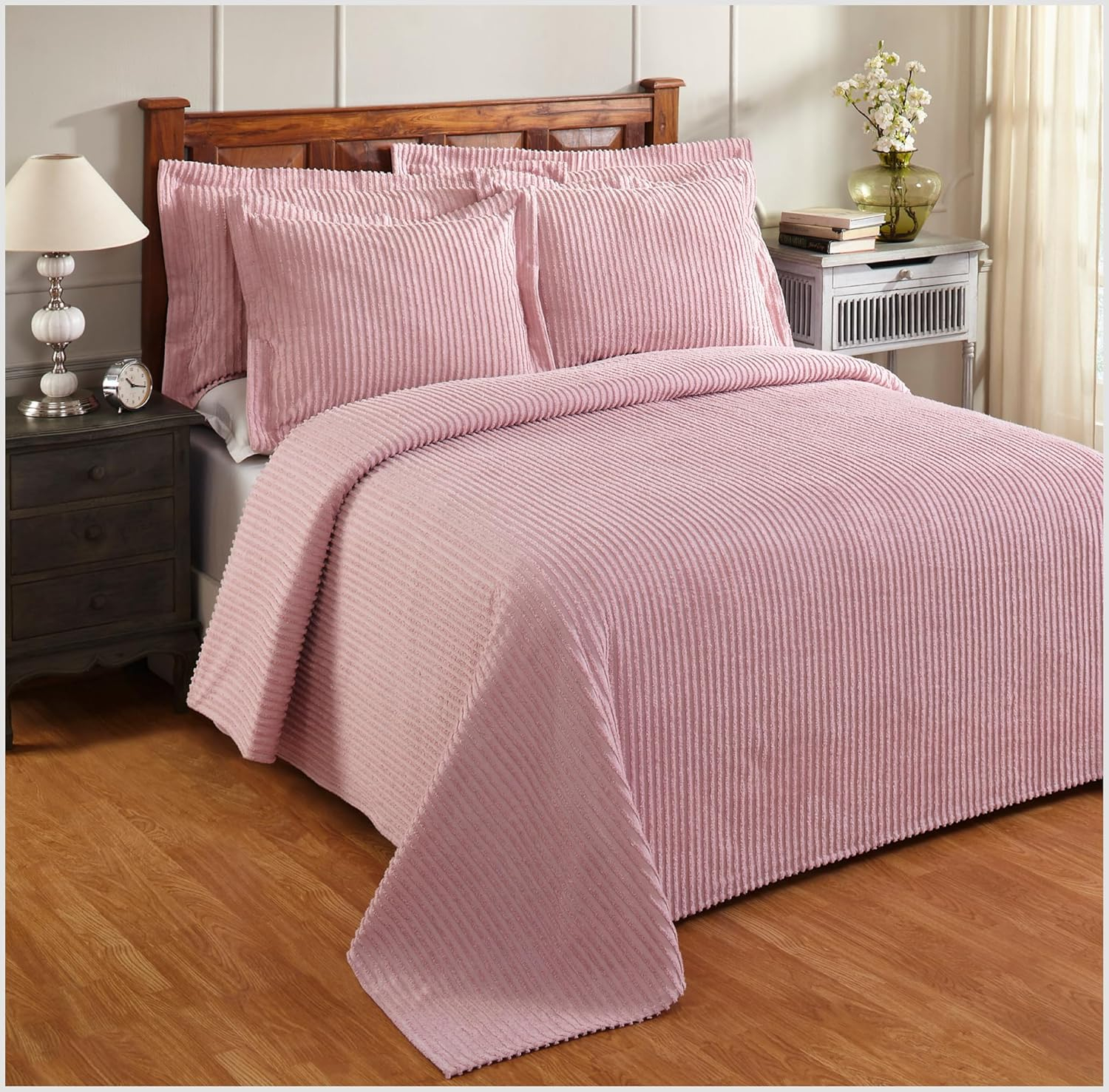Better Trends 100% Cotton Queen Bedspread – Soft & Cozy Classic Stripe Coverlet, Machine Washable (102" x 110", Pink) Jullian Collection