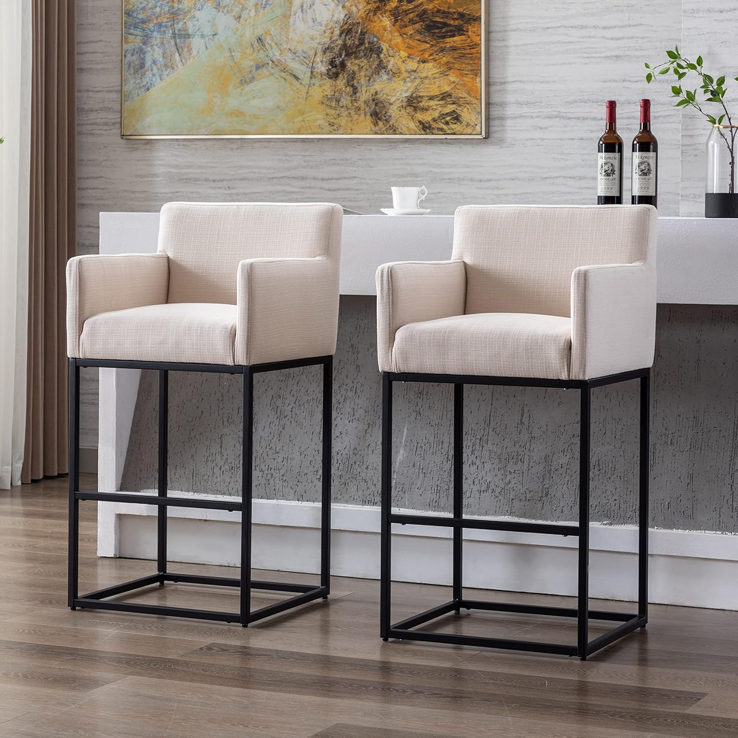 Counter Height 30.75" Bar Stools Set of 2 Linen Fabric Upholstered Barstools with Backrest and Arms, Metal Bar Chairs Kitchen Stools for Island,Home Bar, Cream, Black Legs