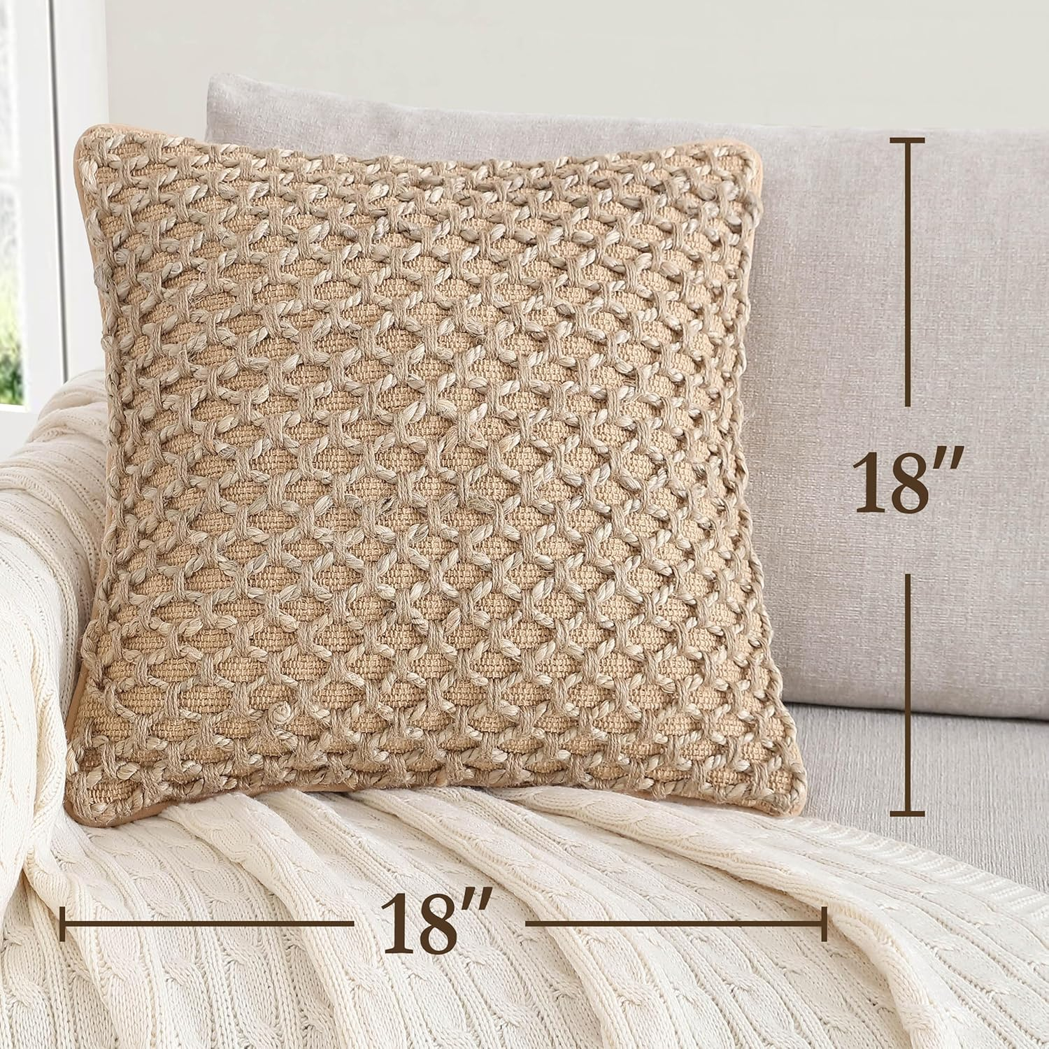 Boho Living Jada Premium Woven Design, Living Room Décor, Decorative Throw, (1) 18" x 18" Pillow Cover with Insert, Beige