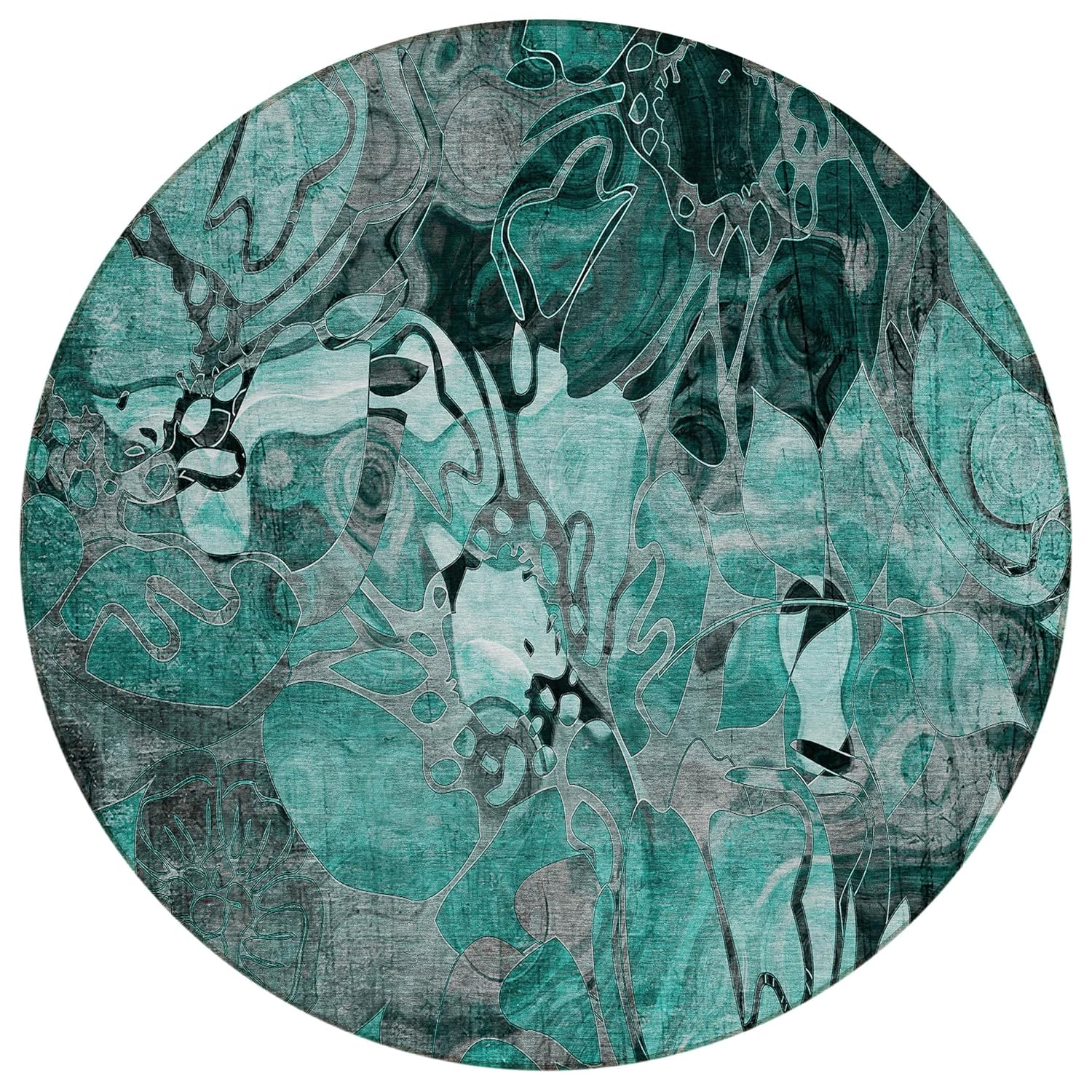 Teal and Gray Round Synthetic Flat Woven Area Rug