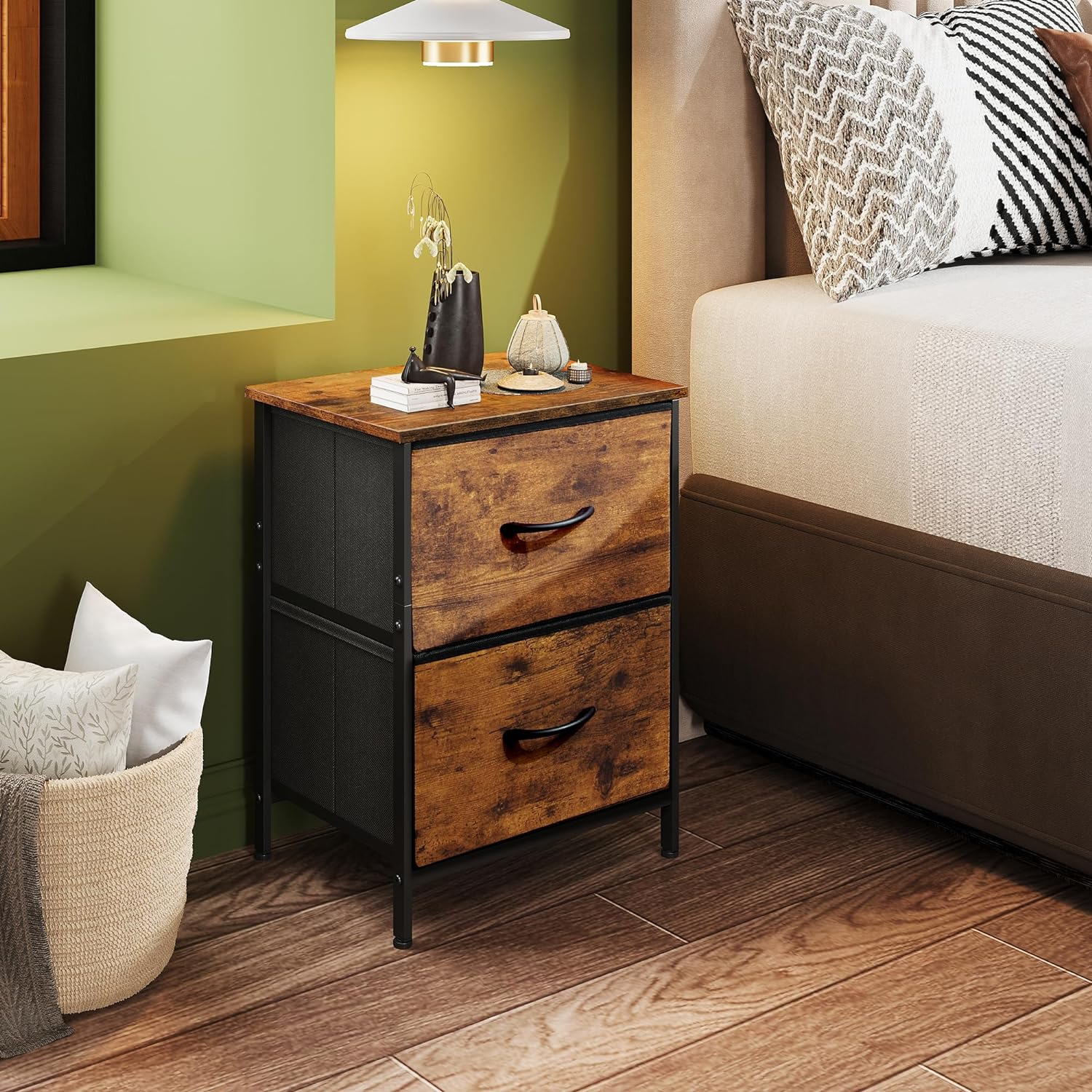 Dresser with 2 Drawers, Fabric Nightstand, Tall Dresser for Bedroom, Storage Chest of Drawers with Wood Top, Bedside Table, Rustic Brown