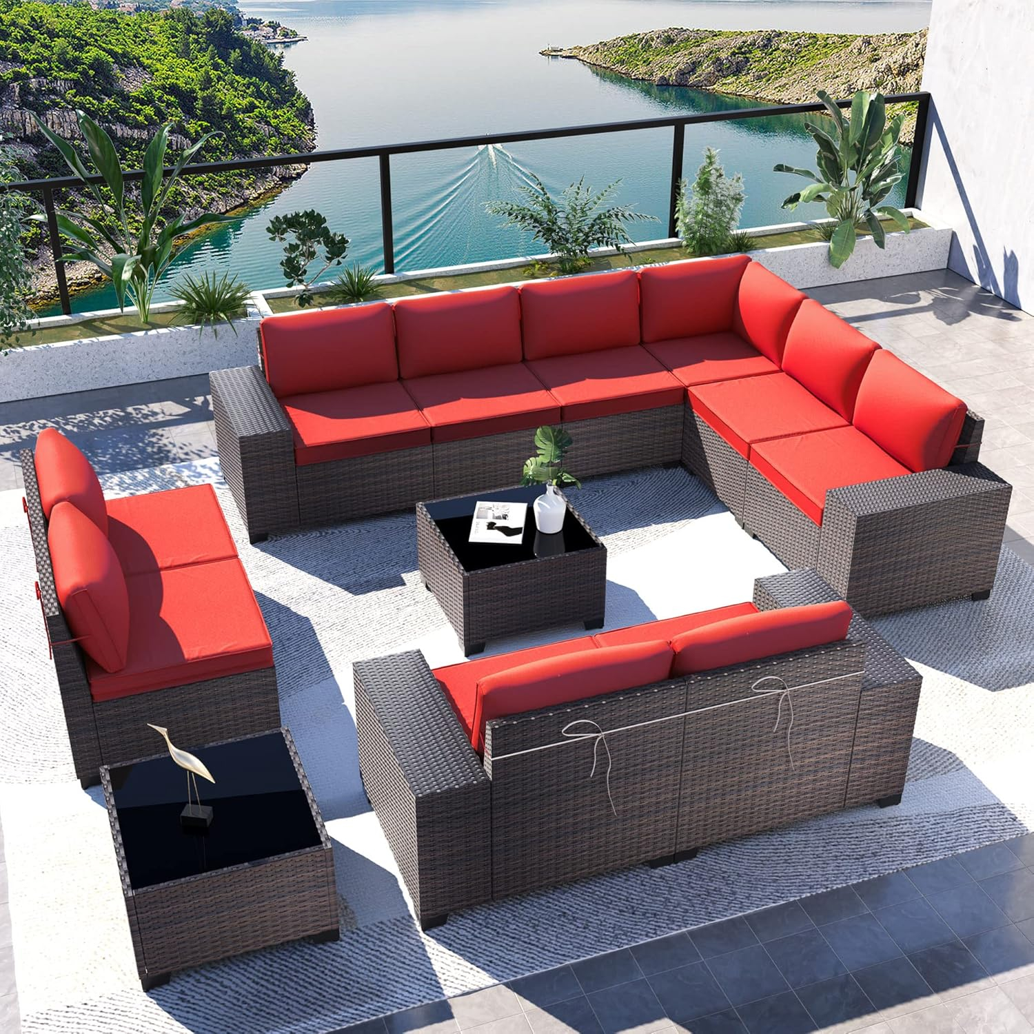 Kullavik 9 Pieces Outdoor Patio Furniture Set Outdoor Sectional Rattan Sofa Set Brown Manual Wicker Patio Conversation Set with Navy Blue Cushions,1 Tempered Glass Tea Table and Cushions Covers