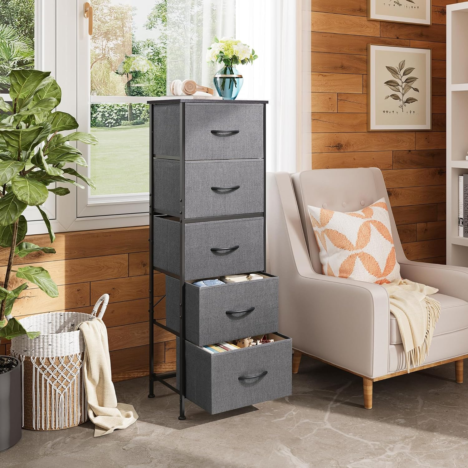 WLIVE Fabric Dresser, 5-Drawer Tall Dresser for Bedroom, Storage Dresser Organizer with Fabric Bins, Wood Top, Sturdy Steel Frame, Chest of Drawers for Closet, Hallway, Dark Grey