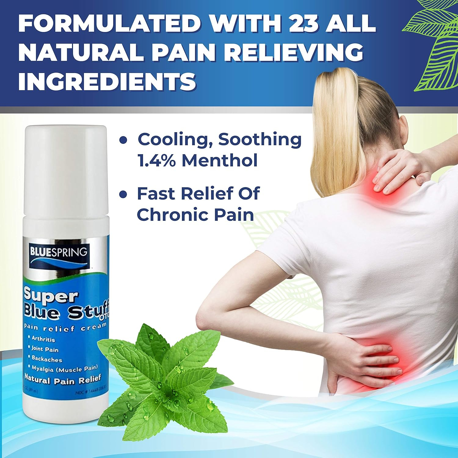 BlueSpring Super Blue Stuff Natural Pain Relief Cream - OTC Fast Action Relief 3-oz roll-on