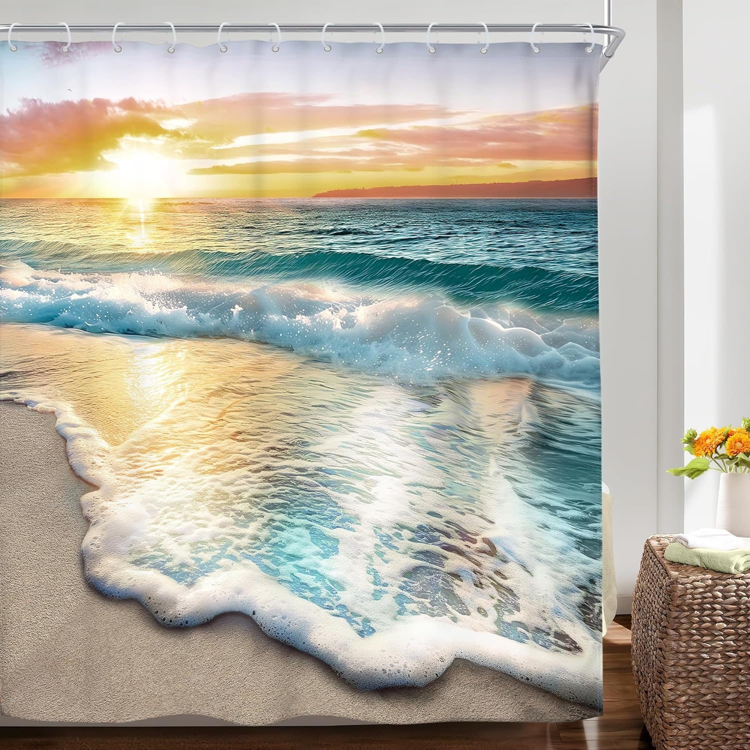 Riyidecor Beach Ocean Themed Shower Curtain Sets for Bathroom, Sunrise Sunset View Scene 71x71 Inch Hawaii Seashore Summer Coastal Seaside Seascape Cloth Fabric Decorative 12 Hooks Waterproof BB-JWXP