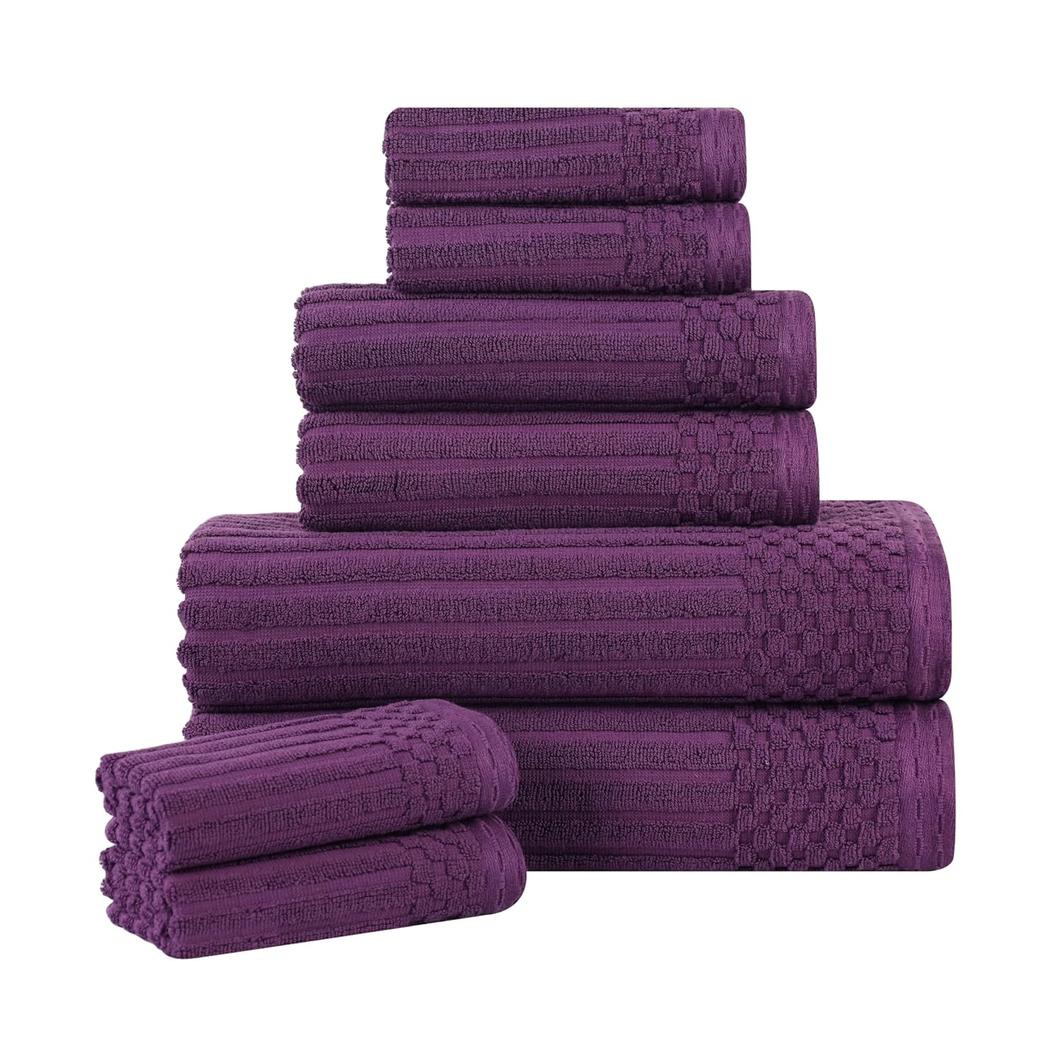 Superior Soho Cotton Ribbed Checkered 8 Piece Towel Set, Plum