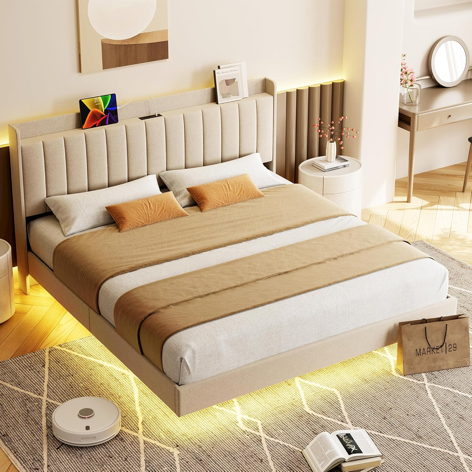 GarveeHome Queen Floating Bed Frame with Charging Station & Storage Headboard, Upholstered Platform Full Size Bed Frame with LED Lights, Solid Wood Slats, Beige