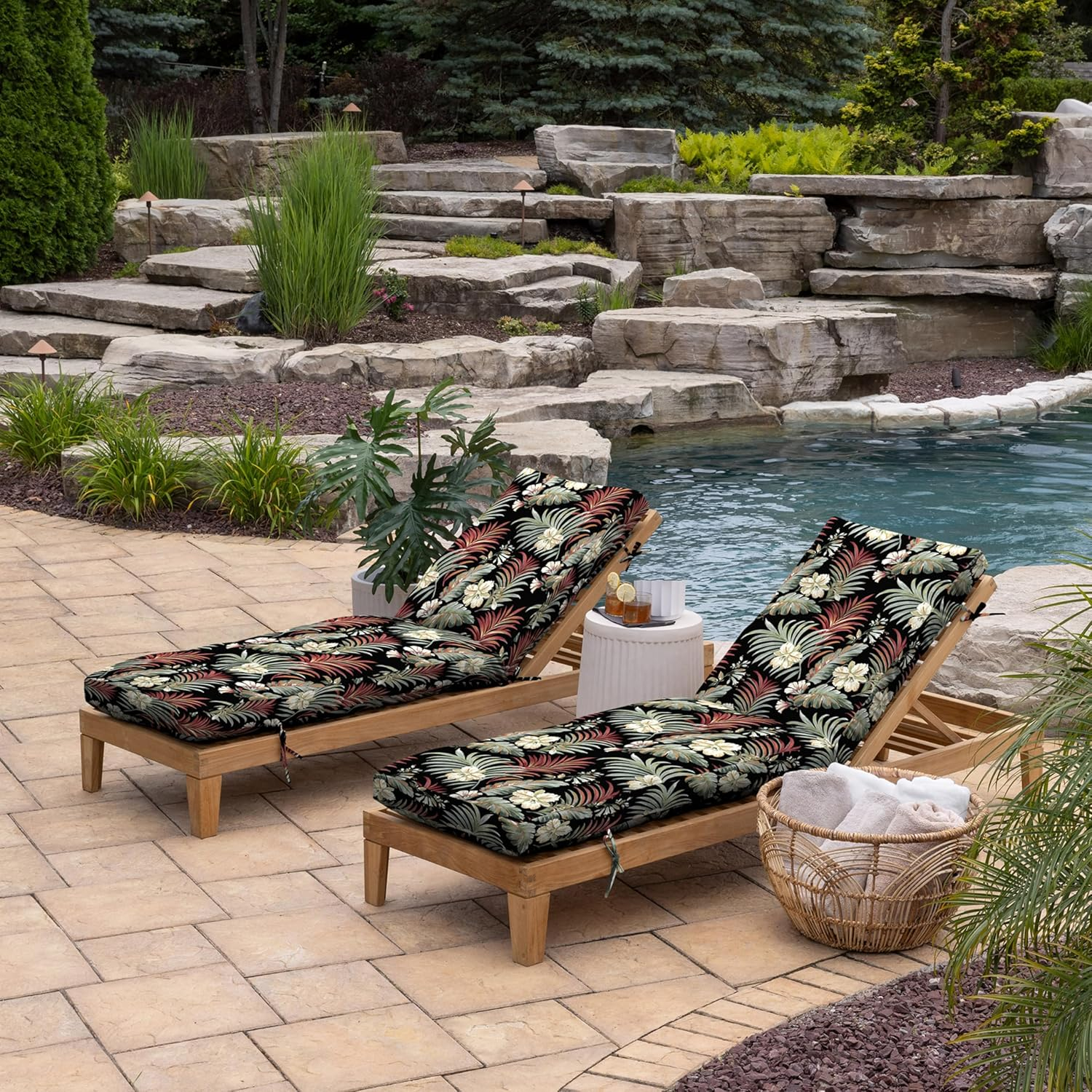 ARDEN Outdoor Plush Modern Tufted Chaise Cushion, 76 x 22, Water Repellent, Fade Resistant, Tufted Cushion for Chaise Lounger 76 x 22, Simone Black Tropical