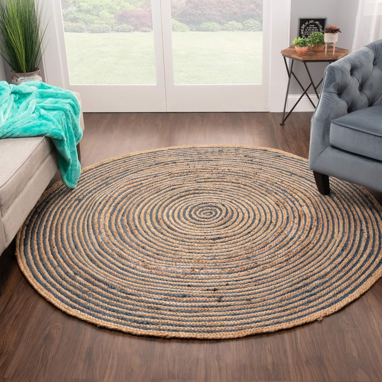 Superior Braided Jute Handwoven Indoor Outdoor Area Rug, 8' Round, Navy Blue