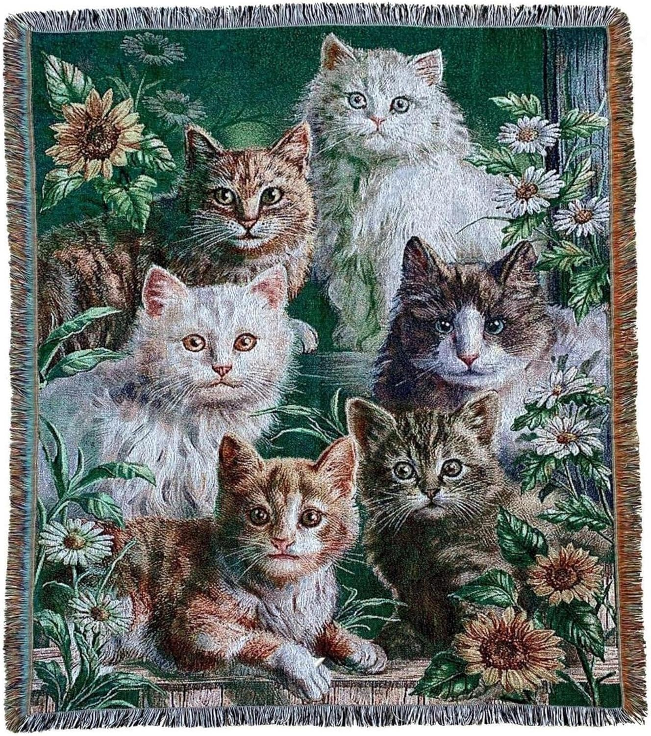 EZ.enjoy Garden Cat Flower Woven Tapestry Throw Blanket Wall Hanging Art Handicrafts Jacquard Multipurpose Soft Travel Mat Outdoor with Fringe Tassels 50 X 60 Inches
