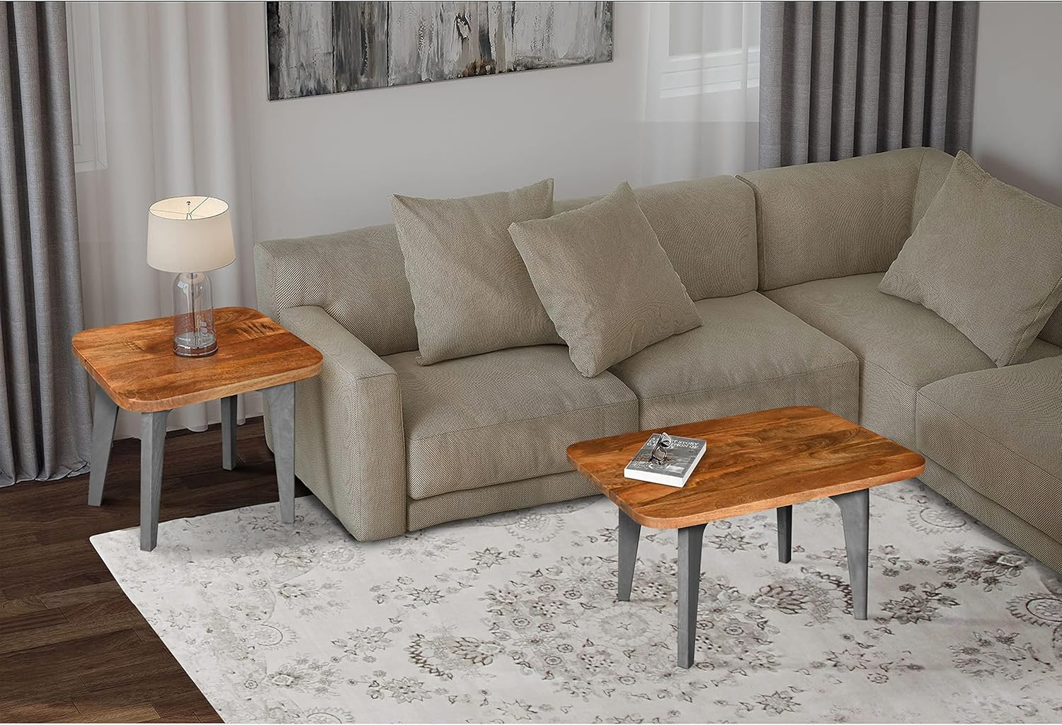 The Urban Port Wade 20-Inch Handcrafted Rectangular Side End Table, Solid Mango Wood, Inverted U Shape Legs, Natural Brown and Gray