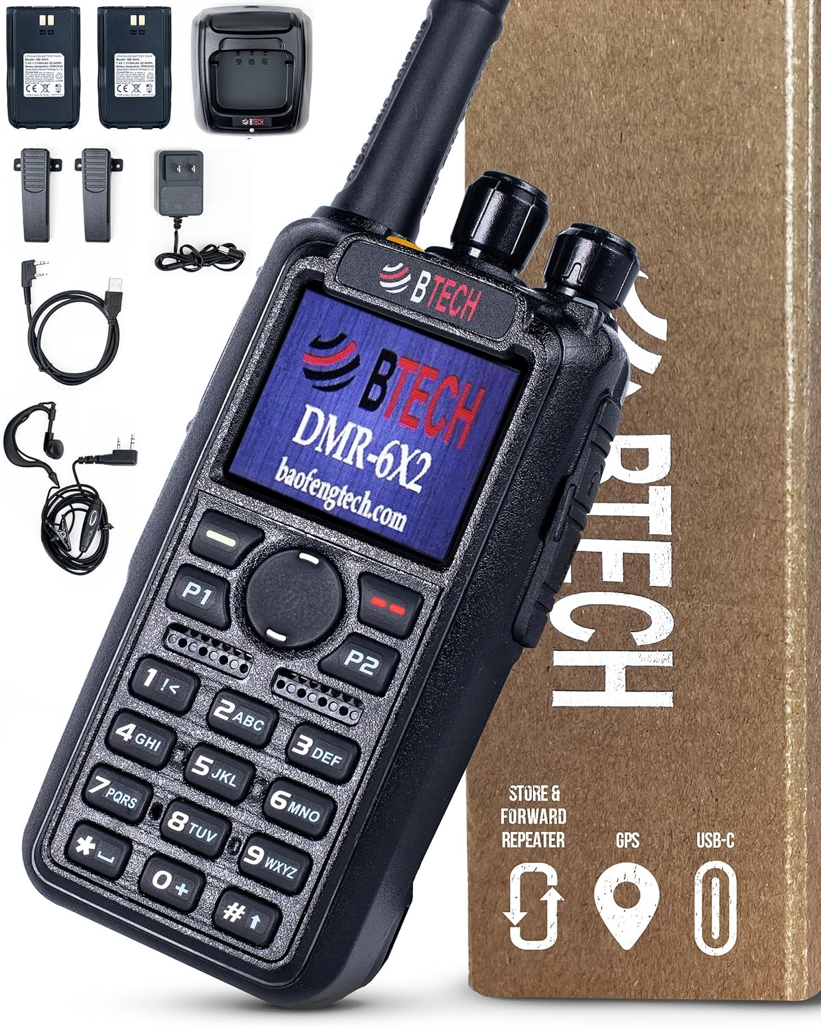BTECH DMR-6X2 (DMR and Analog) 7-Watt Dual Band Two-Way Radio (136-174MHz VHF & 400-480MHz UHF), with GPS and Recording, Includes Full Kit with 2 Batteries, Programming Cable, and More