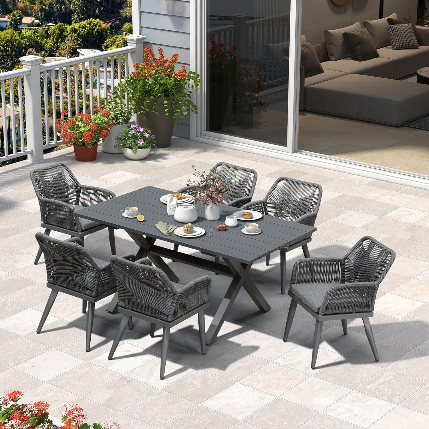 PURPLE LEAF 7 Pieces Outdoor Dining Set All-Weather PE Rattan Outdoor Patio Furniture Set with All Aluminum Frame Rectangular Table and Chairs Set for Lawn Garden Backyard Deck, Grey
