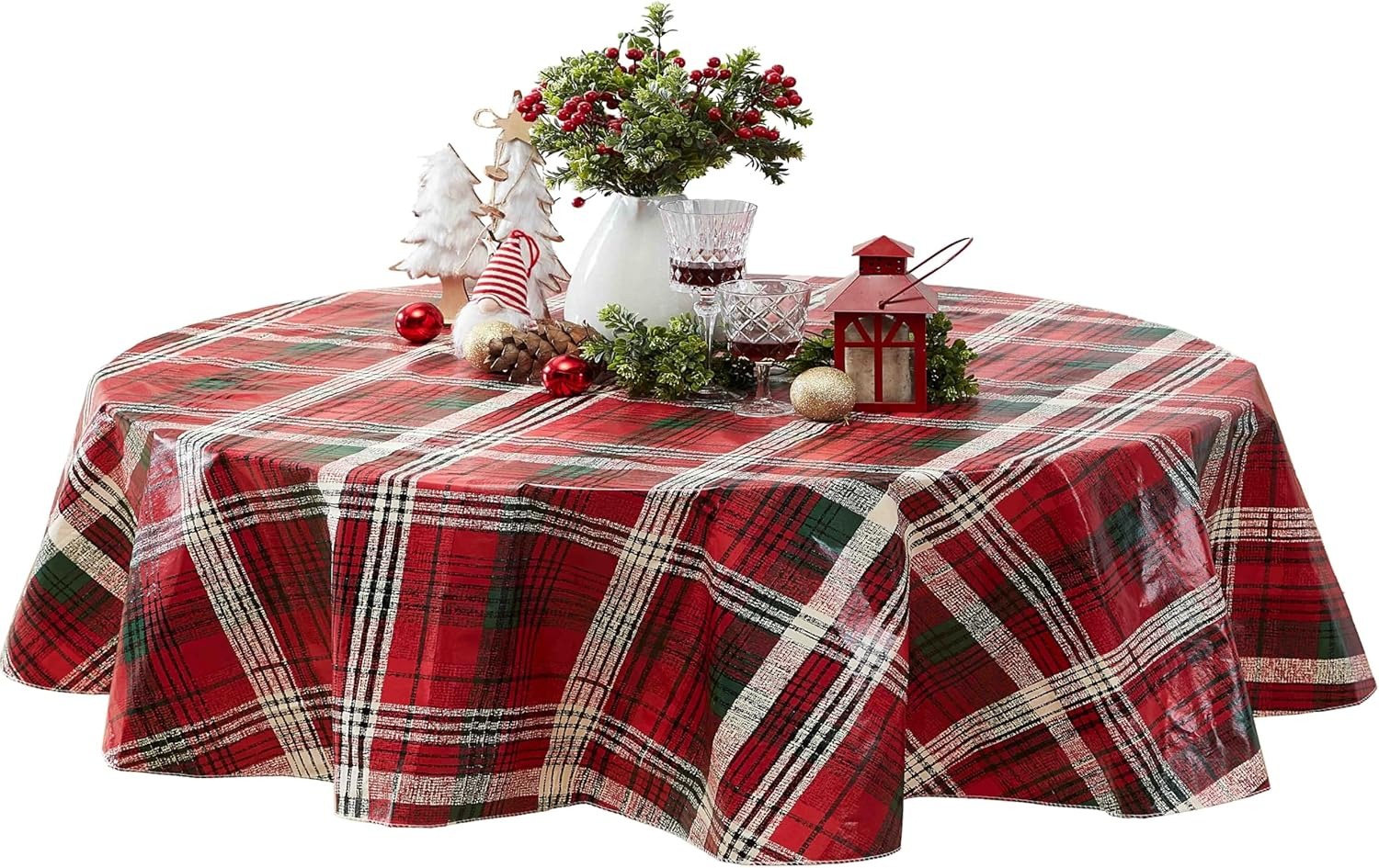 Oval Red and Green Plaid Vinyl Holiday Tablecloth, 60" x 84"