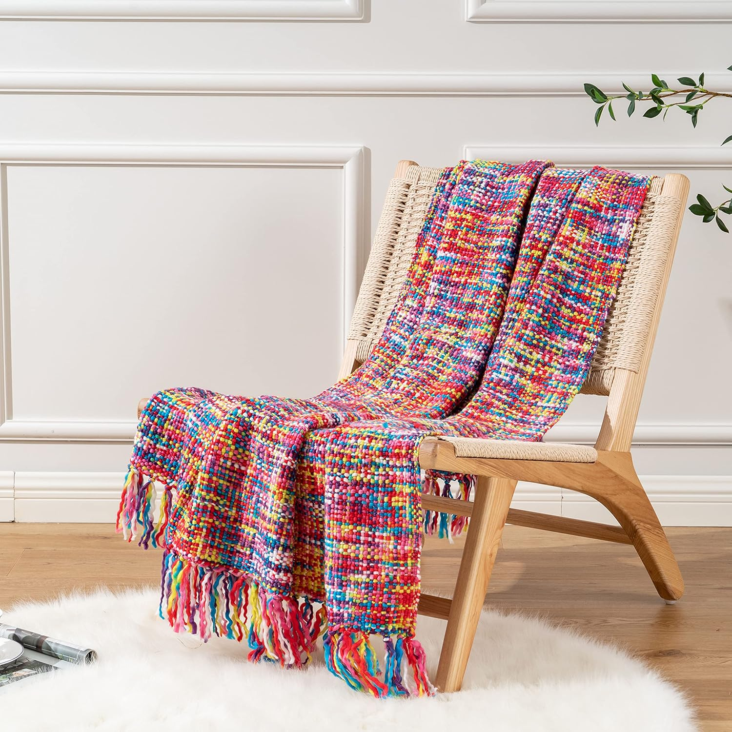 Brick Red Knitted Acrylic Throw Blanket with Fringes, 50"x60"