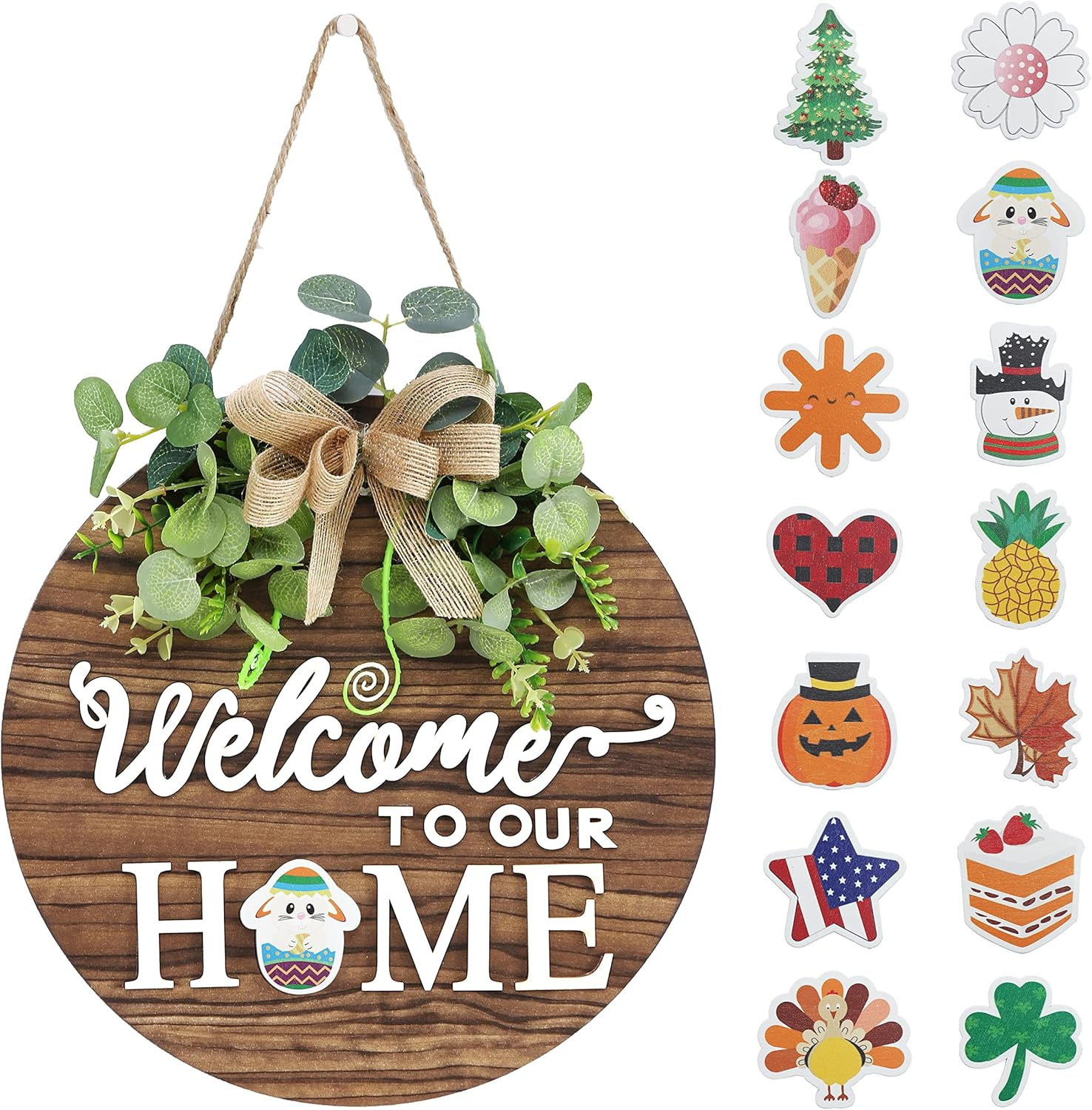 RoseCraft Interchangeable Wooden Seasonal White Welcome Sign, Rustic Welcome Front Door Wreaths for Home Wall Porch Decor, for Easter Spring Summer Fall Halloween Christmas All Season Decorations.