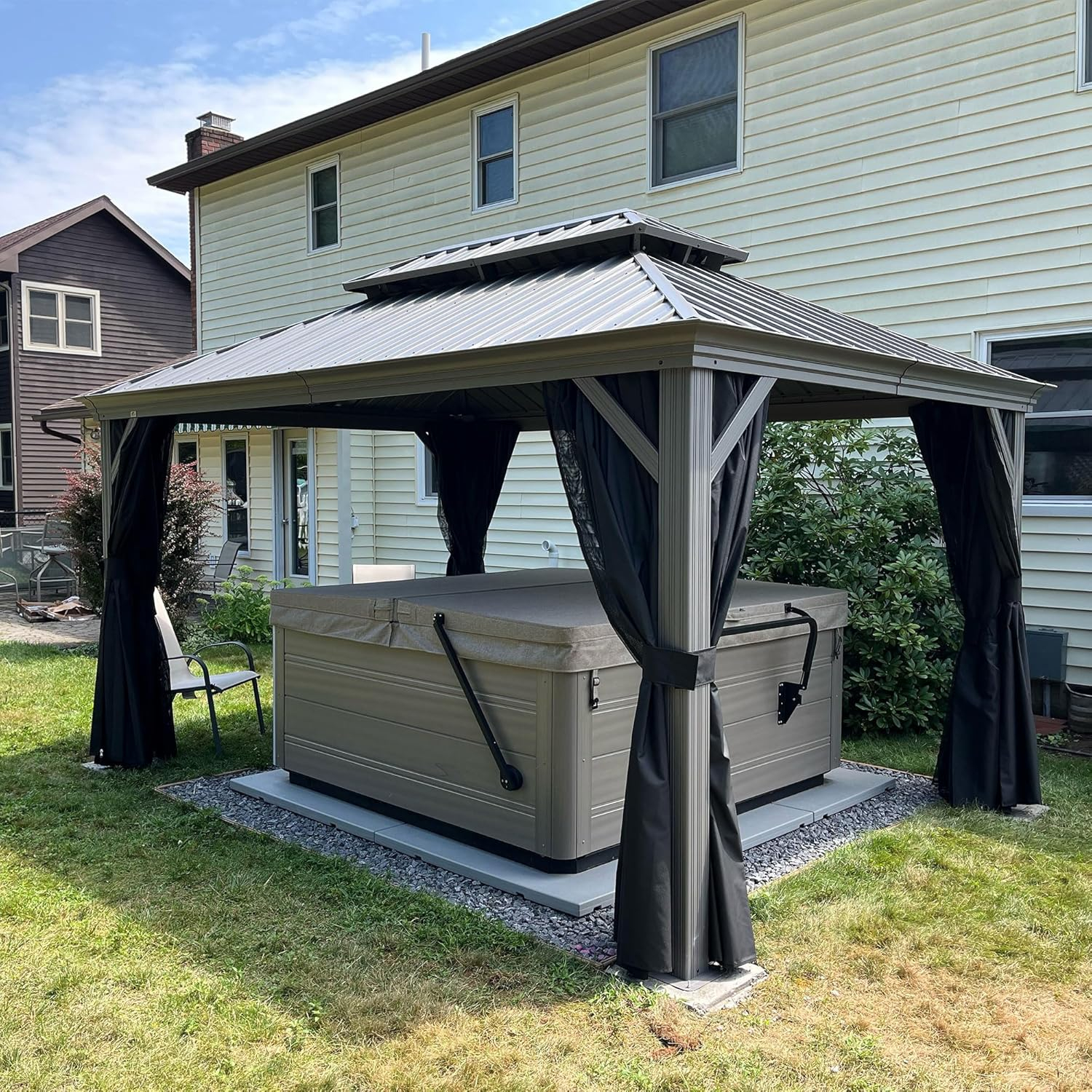 PURPLE LEAF 10' x 14' Hardtop Gazebo with String Lights Galvanized Steel Double Roof Gazebo with Aluminum Frames Outdoor Large Pavilion Gazebos for Patio Deck Garden, Light Grey