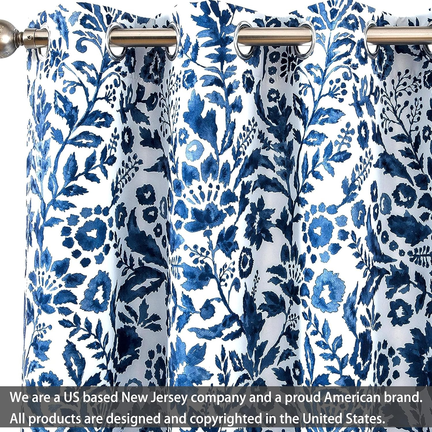 DriftAway Julia Watercolor Blackout Room Darkening Grommet Lined Thermal Insulated Energy Saving Window Curtains 2 Layers 2 Panels 36"L x 52"W Navy