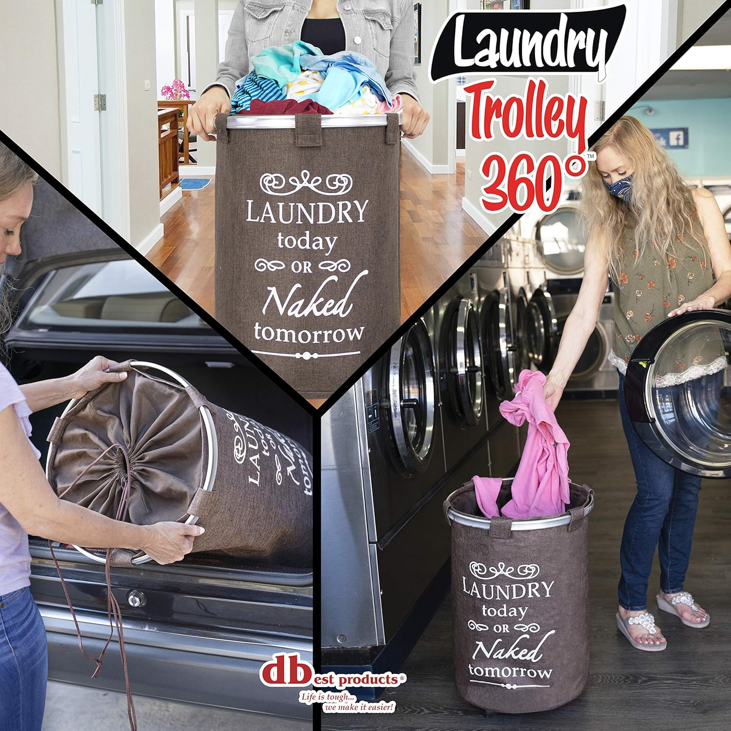 Brown Collapsible Round Laundry Hamper with Wheels and Faux Burlap