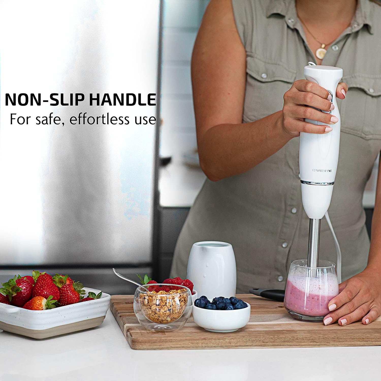 OVENTE Electric Immersion Hand Blender, 2 Mixing Speed w/ Stainless Steel Blades, White HS560W
