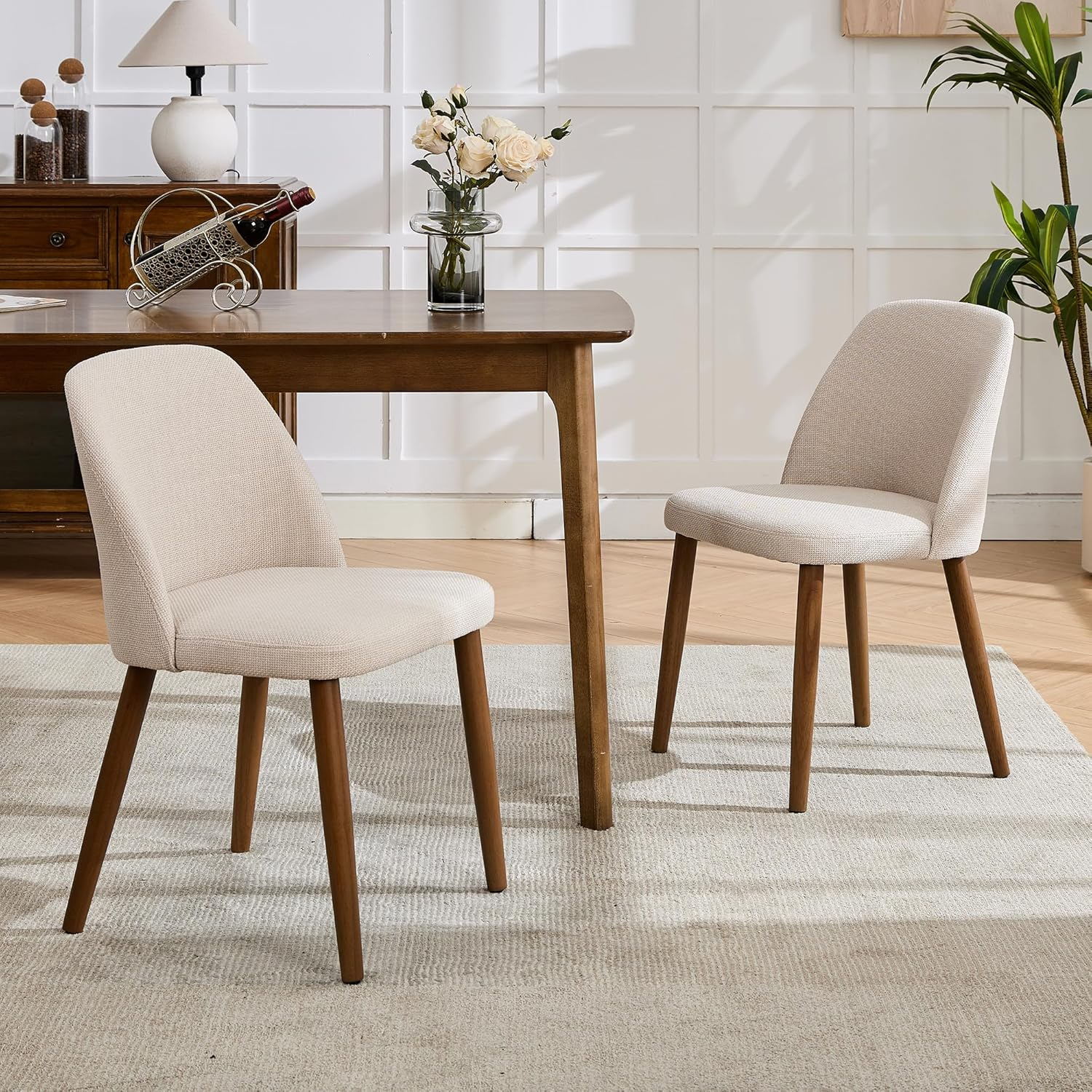 Dining Chairs Set of 2,Dining Chairs with Fabric Upholstered and Solid Wood Legs,Kitchen Side Chair,Thick Cushions Seat,Easy Assembly for Dining Room Living Room Bedroom (Beige)
