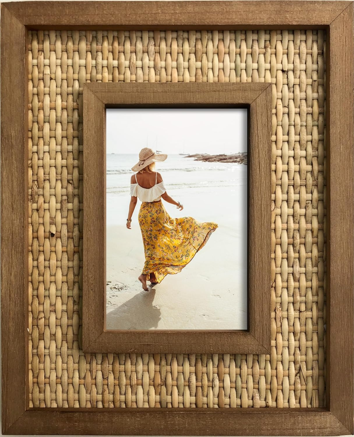 Rattan and Wood Picture Frame for 5x7 Inch Photos | Coastal or Boho Picture Frame | Tabletop Stand and Wall Mount | Single Display or Gallery Wall