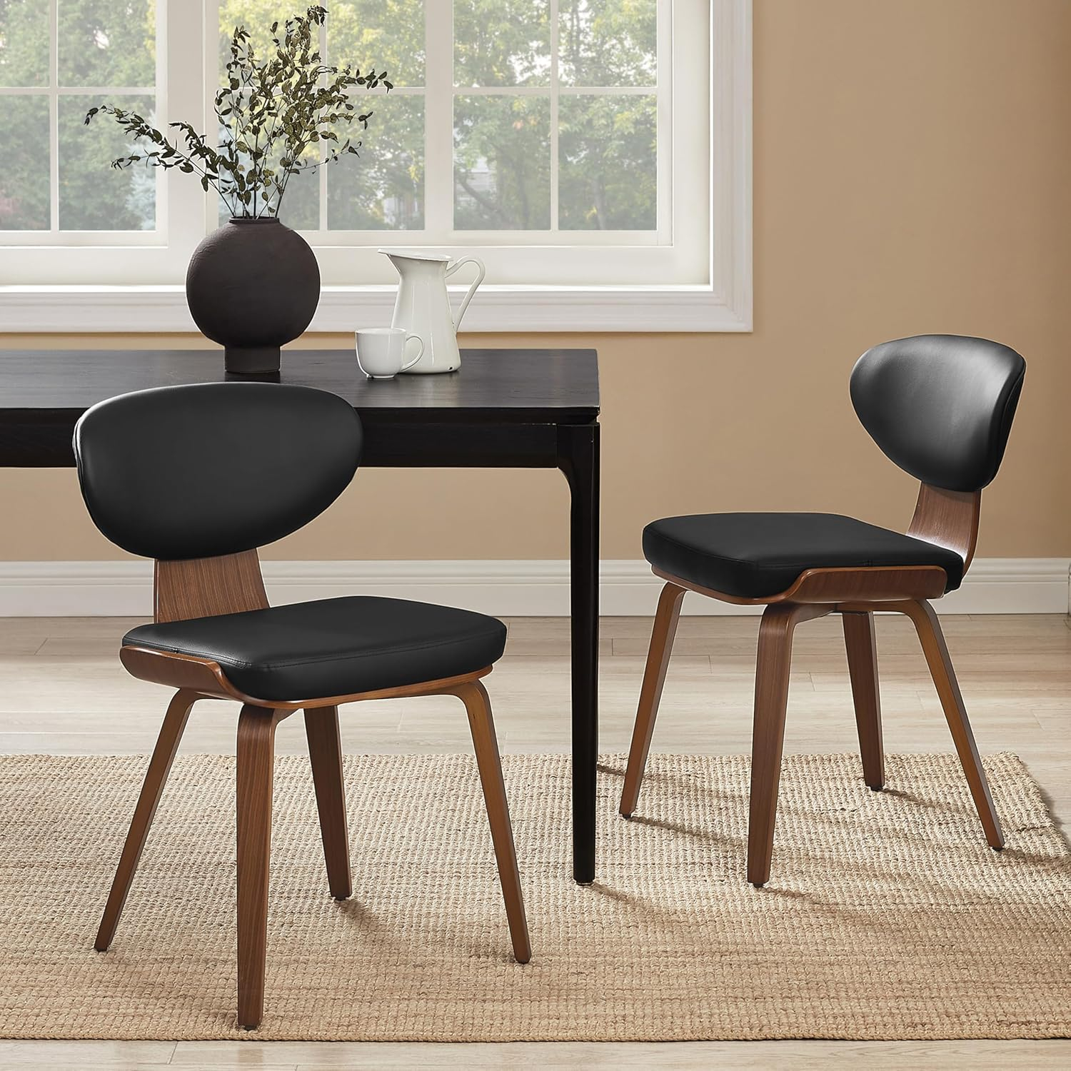 Art Leon Dining Chairs - Mid Century Modern Dining Room Chairs, Faux Leather Upholstered Armless Side Chair with Wood Legs for Kitchen, Set of 2, Walnut Bentwood/Black