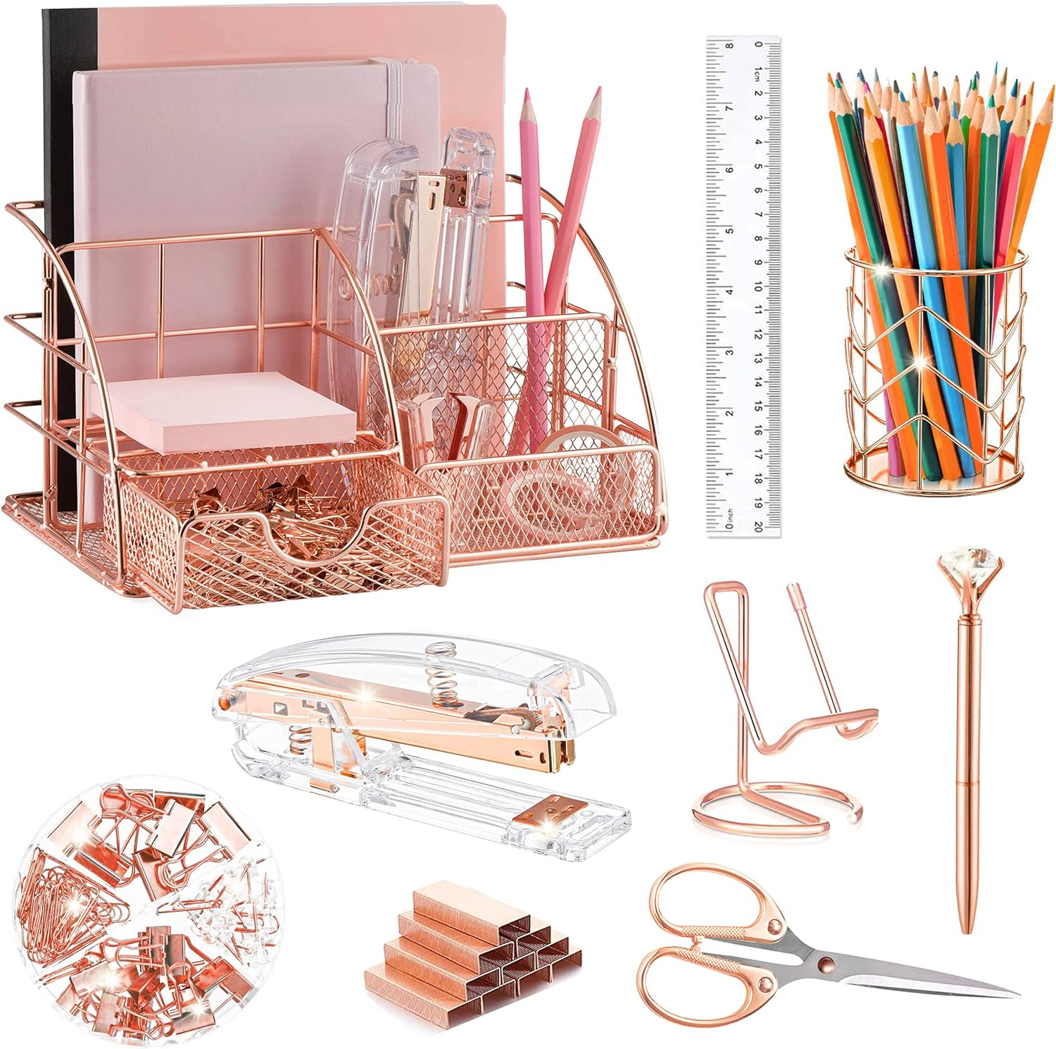 KISPATTI Desk Organizers and Accessories, Rose Gold Office Supplies with Mesh Desk Organizer, Acrylic Stapler, Staples, Ballpoint Pen, Clips Set, Pen Holder, Ruler, Scissor, Phone Holder