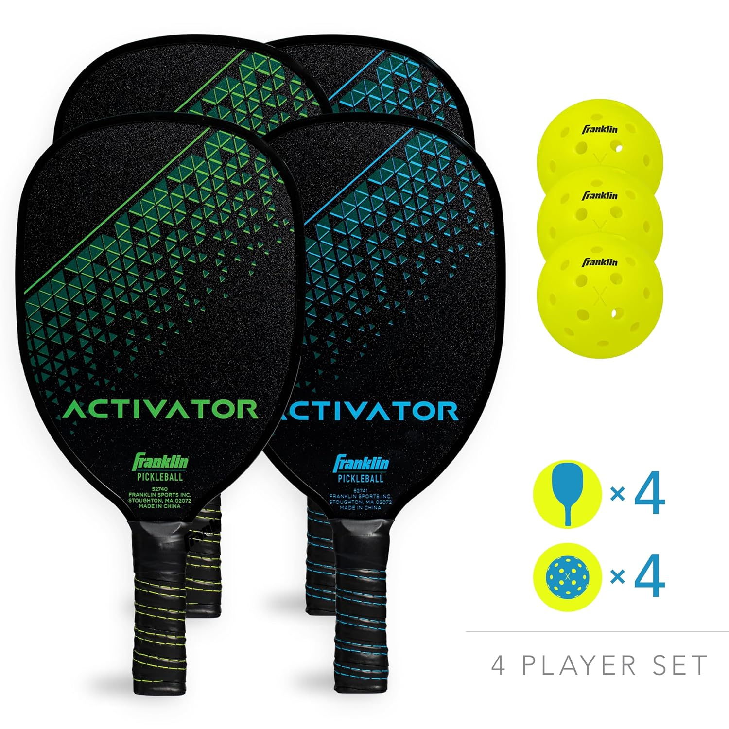Blue and Green Plywood Pickleball Paddle Set with Yellow Balls