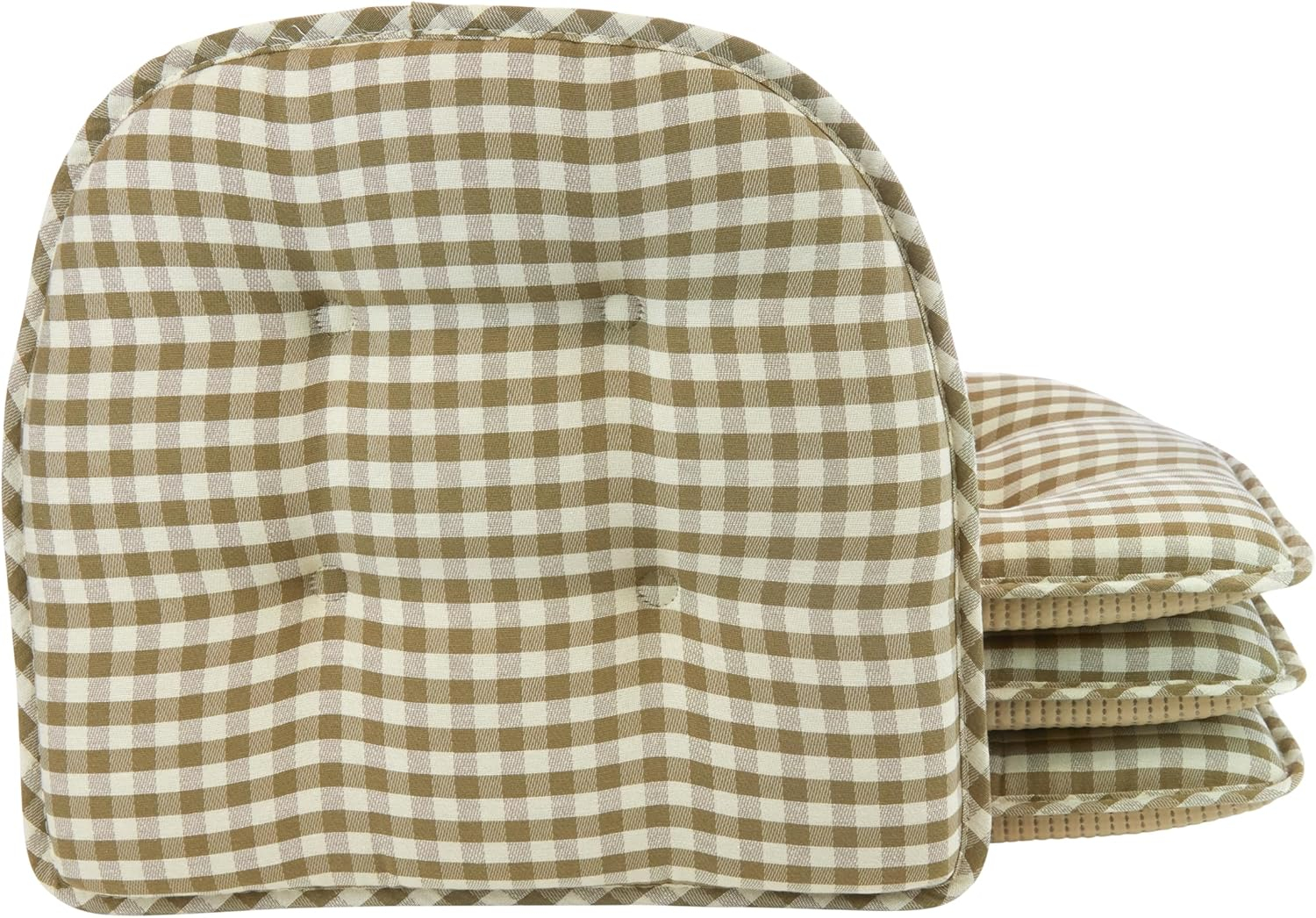 Non-Slip Tufted Chair Cushions for Dining Room, Kitchen and Office Use, U-Shaped Skid-Proof Seat Pad, 15x16 Inches, 4 Pack, Gingham Natural