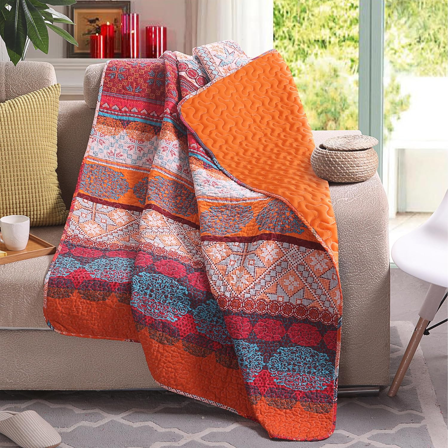Exclusivo Mezcla 50"x 60" Quilted Throw Blanket- Microfiber Quilt Throw with Boho Striped Pattern, Reversible Red and Orange Versatile Lap Quilt for All Seasons, Lightweight Throws for Bed/Couch/Sofa