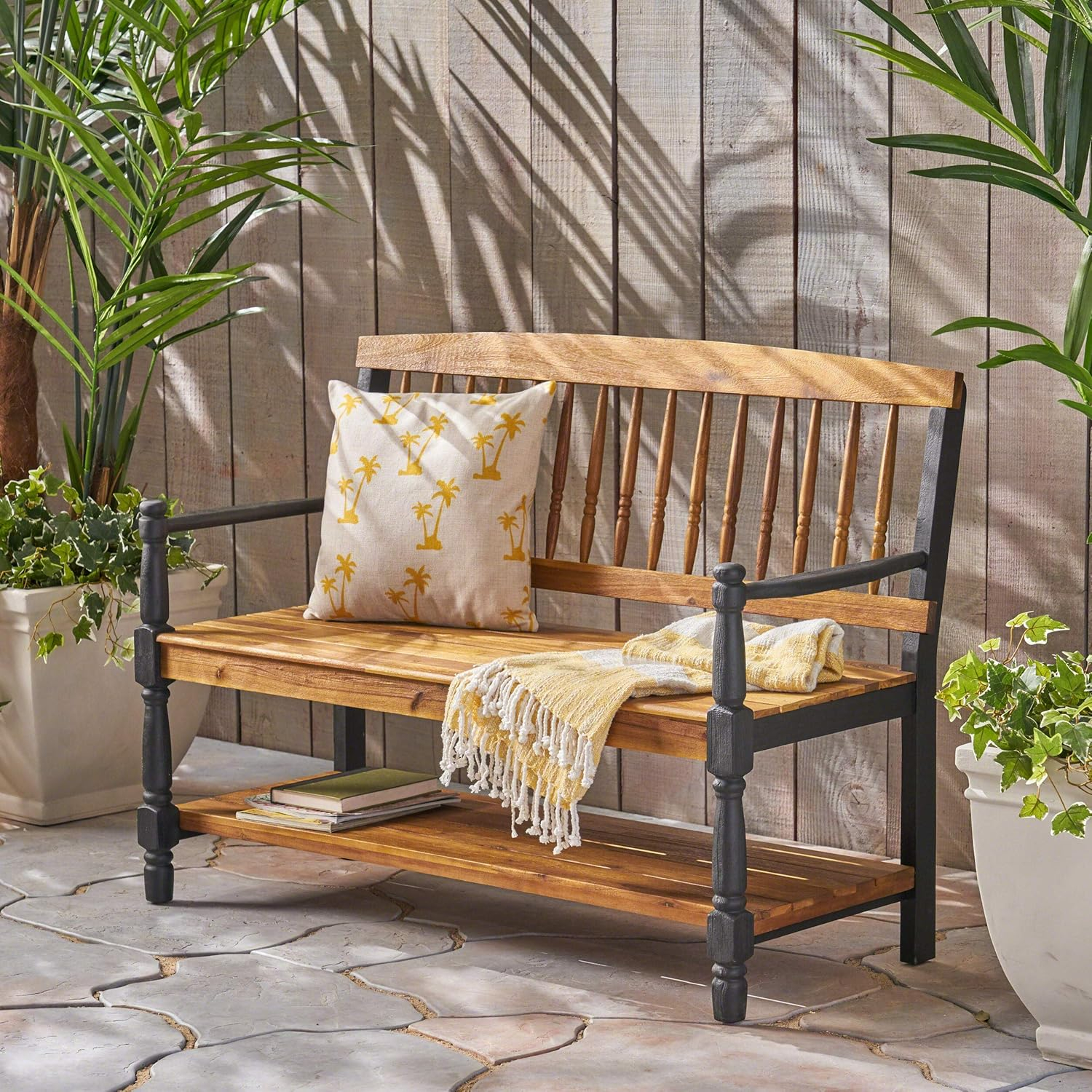 Teak and Black Acacia Wood Bench with Shelf, 51"