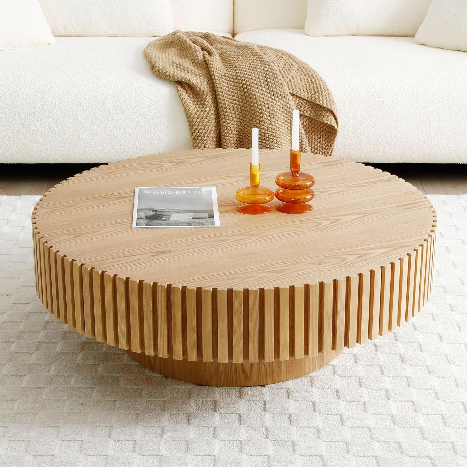 Round Coffee Table, 31.49" Modern Handcraft Relief Drum Circle Wood Table Side End Accent Center Table for Living Room, Small Space, Apartment, Natural Ash
