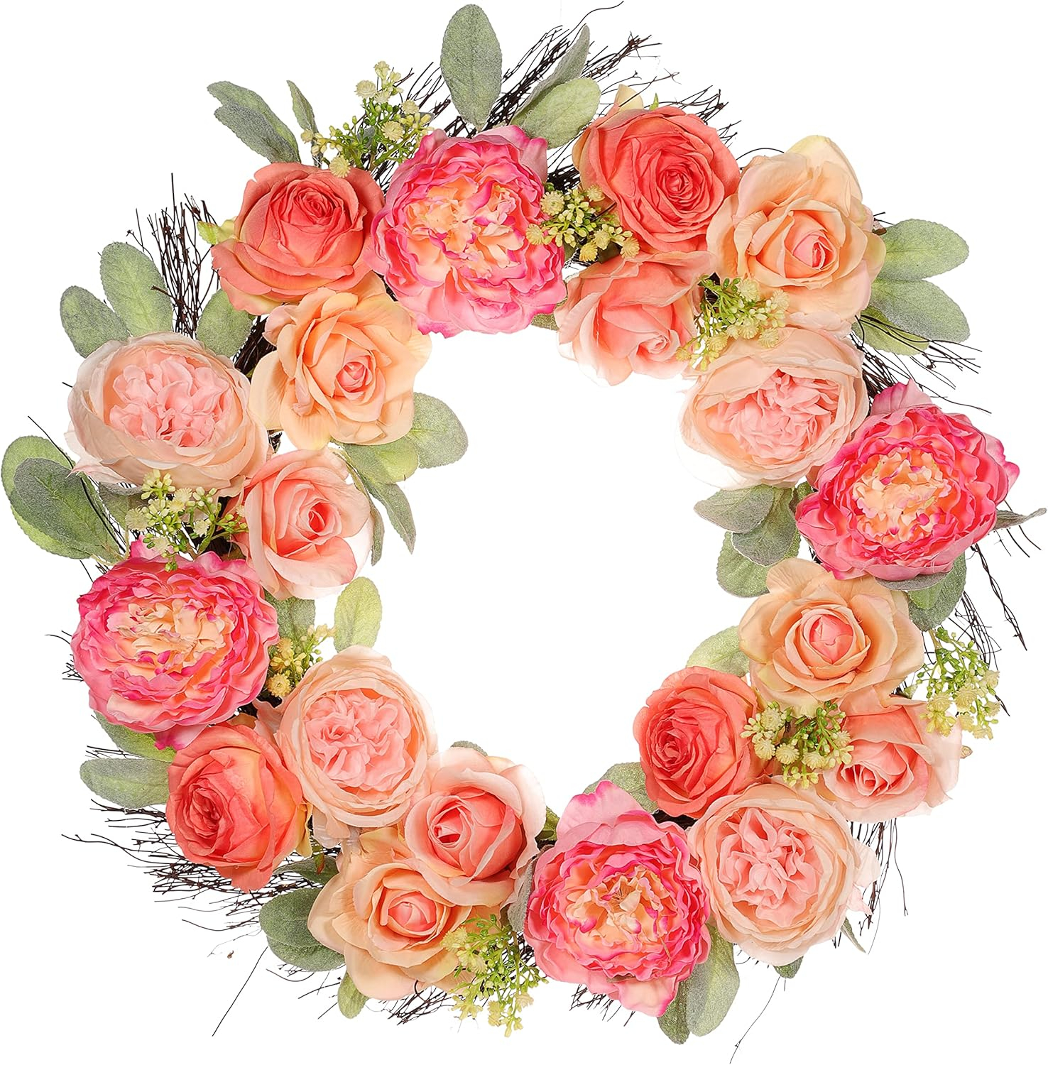 Puleo International 24 in. Artificial Peony, Rose Floral Spring Wreath with Green Leaves