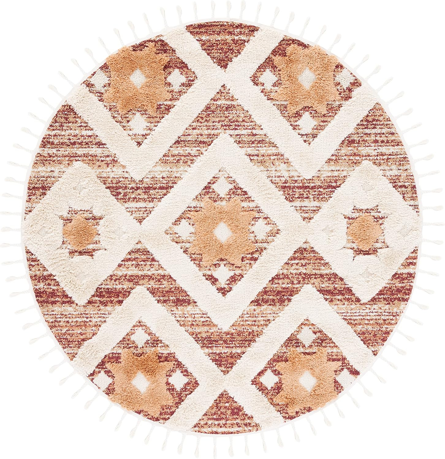 SAFAVIEH Moroccan Tassel Dawson Geometric Shag Area Rug, Rust/Ivory, 5'3" x 5'3" Round