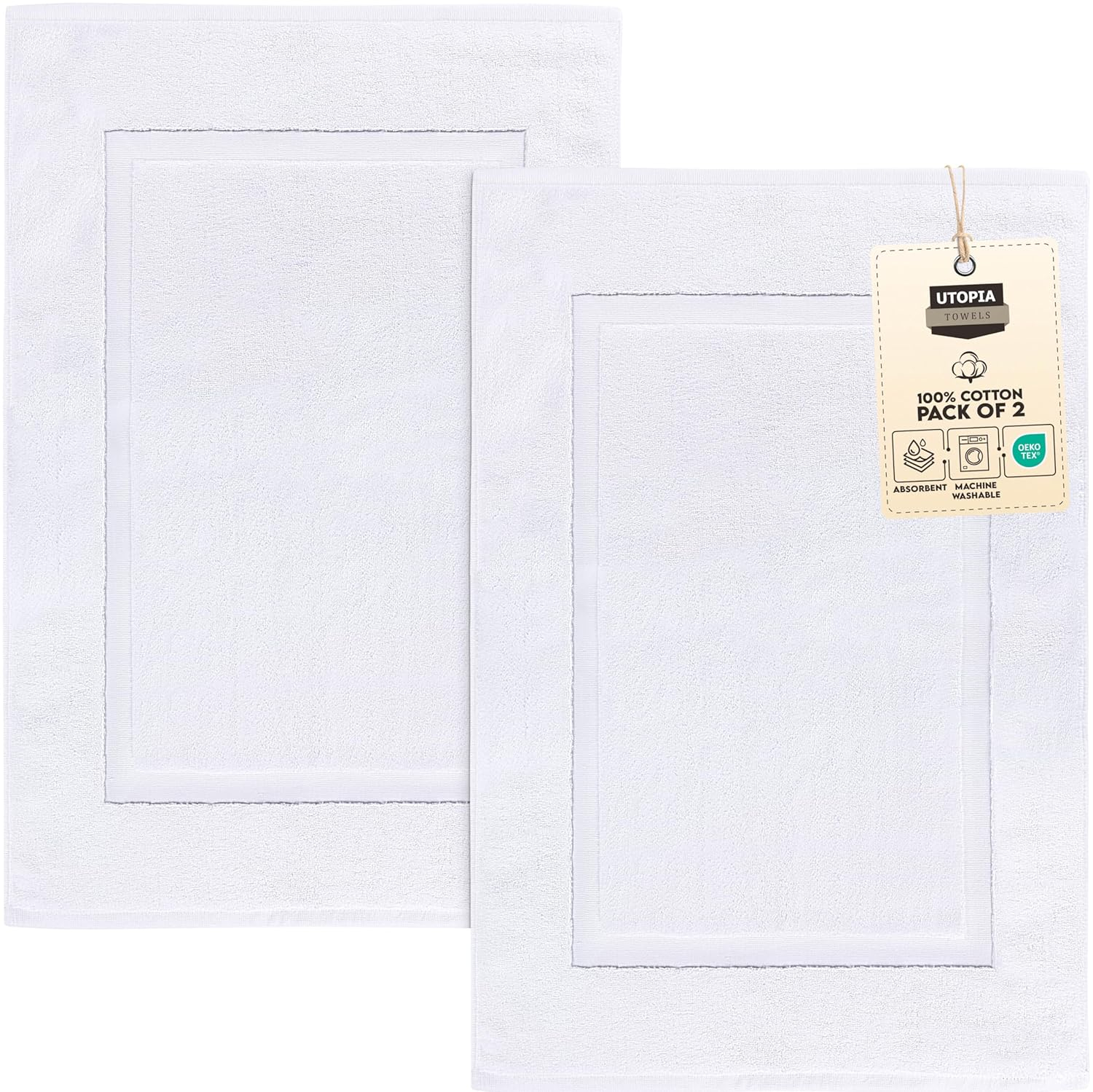 Utopia Towels Cotton Banded Rug, Bath Mats, Not a Bathroom Rug, 21 by 34 Inches, 100% Ring Spun Cotton, Highly Absorbent Shower Bathroom Floor Mat, White, 2 Pack