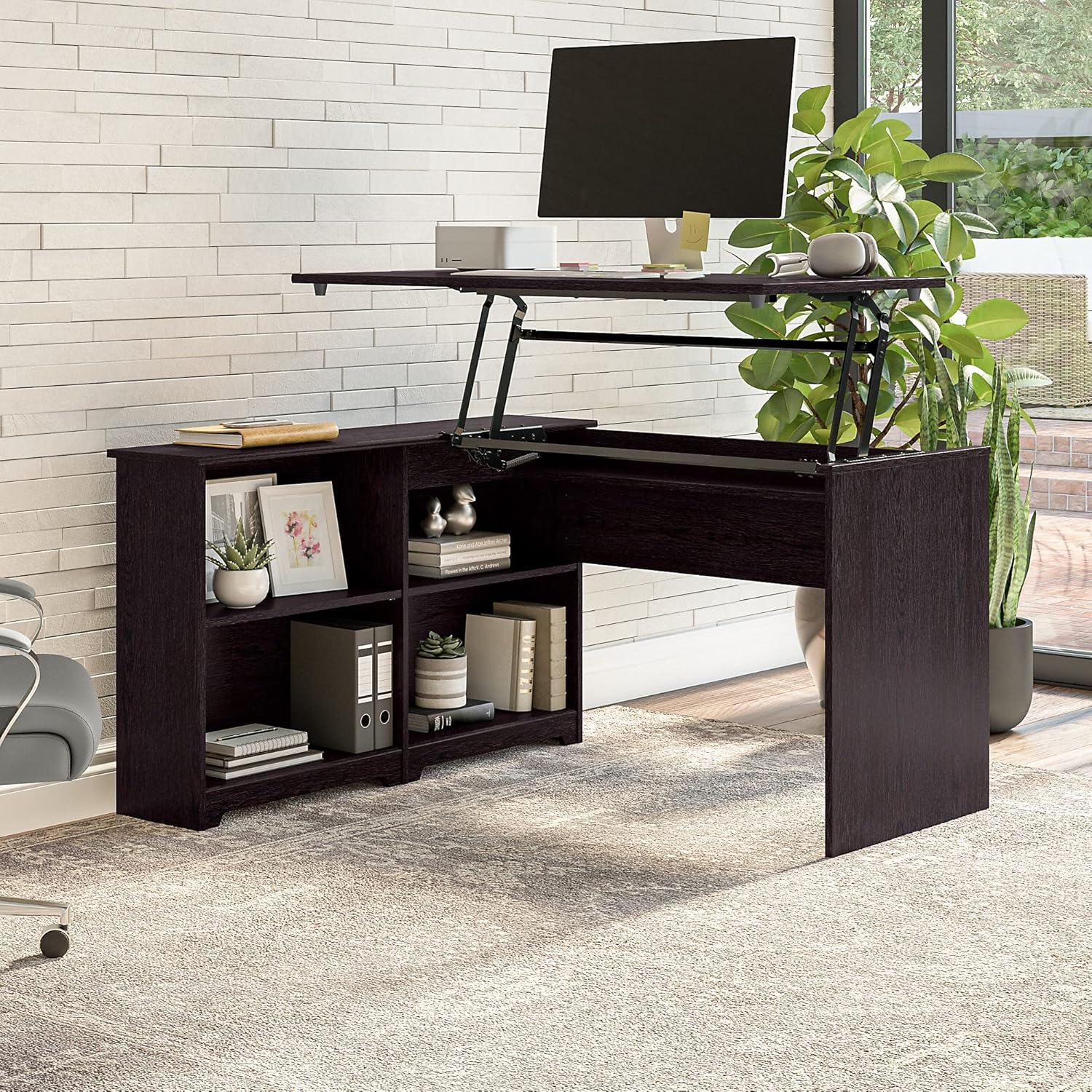 Bush Furniture Cabot 52" Sit to Stand Corner Bookshelf Desk, Espresso Oak
