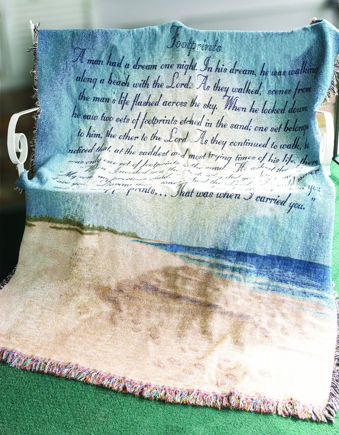 Inspirational Beige and Blue Cotton Tapestry Throw Blanket