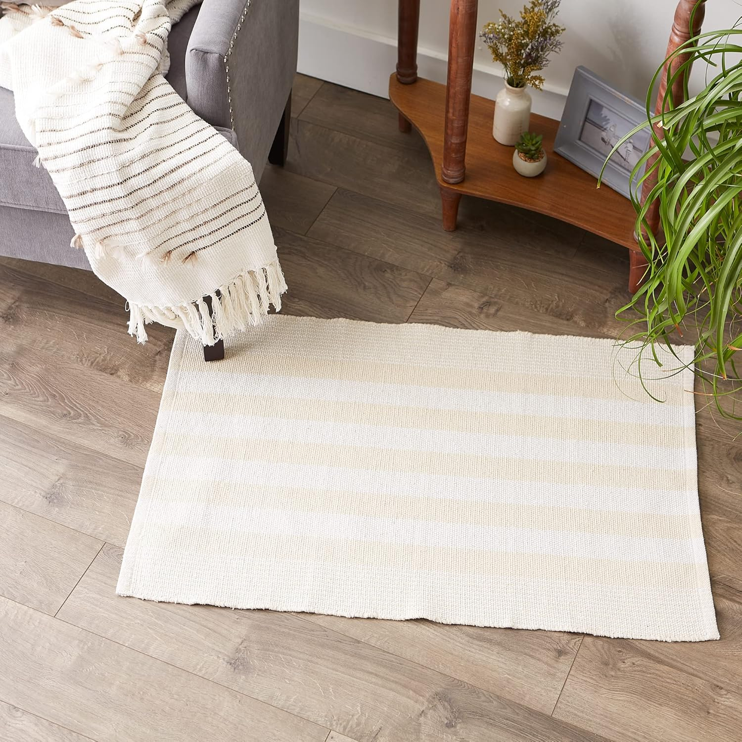 Natural Cabana Stripe Handwoven Recycled Cotton Yarn Rug, 2x3 ft