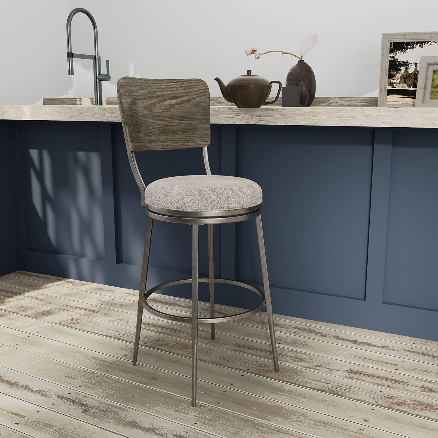Hillsdale, Garren Metal Bar Height Swivel Stool with Wood Panel Back, Rubbed Pewter