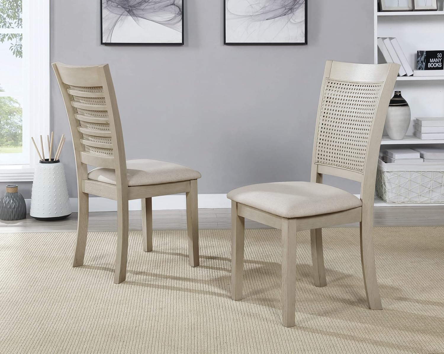 Walden Cane Back Dining Chair with  White Base and Linen  White Fabric Seat
