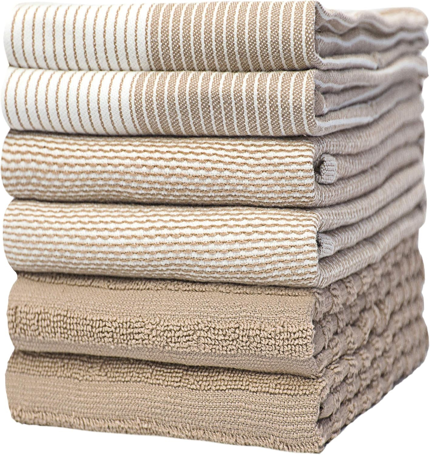 Bumble Towels Premium Kitchen Towels (20”x 28”, 6pc Pack) – Large Cotton Kitchen Hand Towels – Flat & Terry Towel – Highly Absorbent Tea Towels Set with Hanging Loop (Tan)