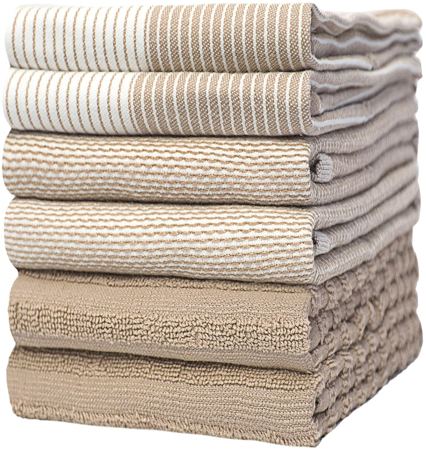 Bumble Towels Premium Kitchen Towels (20”x 28”, 6pc Pack) – Large Cotton Kitchen Hand Towels – Flat & Terry Towel – Highly Absorbent Tea Towels Set with Hanging Loop (Tan)