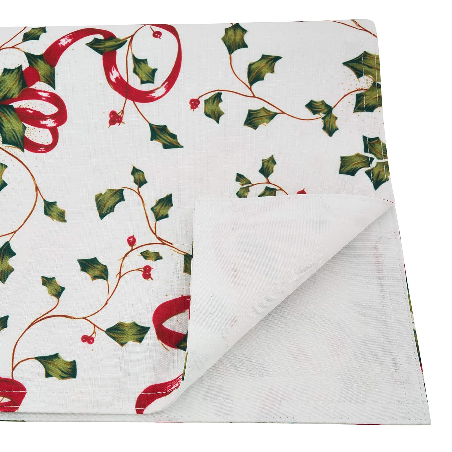 Festive Holly and Ribbon Polyester Christmas Table Runner
