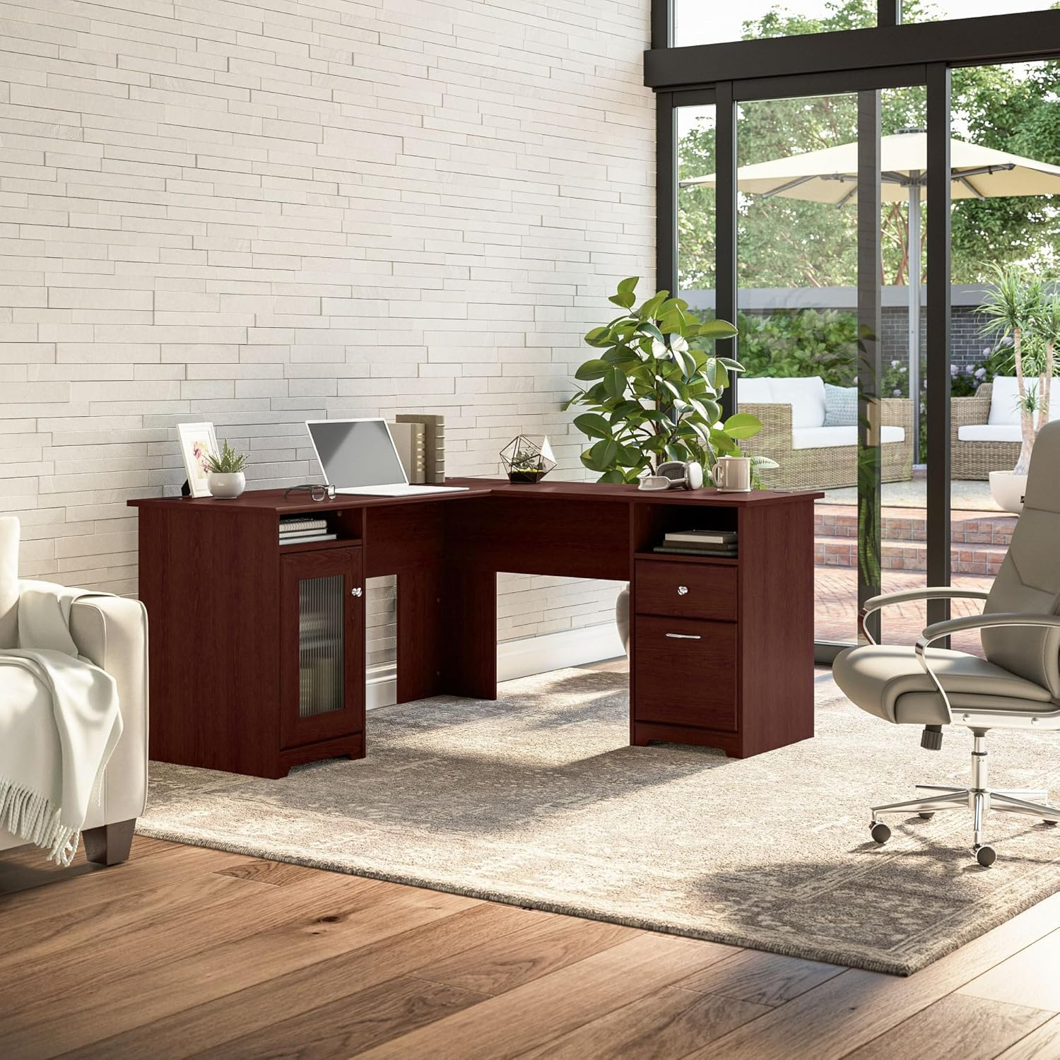 Bush Furniture Cabot 60" L Desk and Hutch with Storage, Harvest Cherry